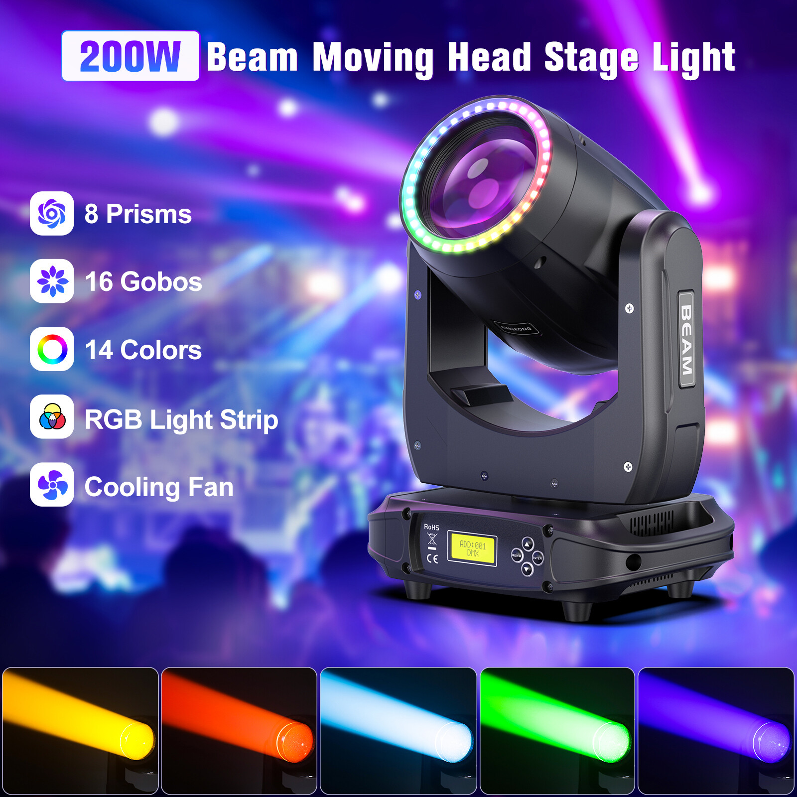 200W LED Beam Moving Head 8 Prism Gobo DMX Stage Light Show Concert Flight case
