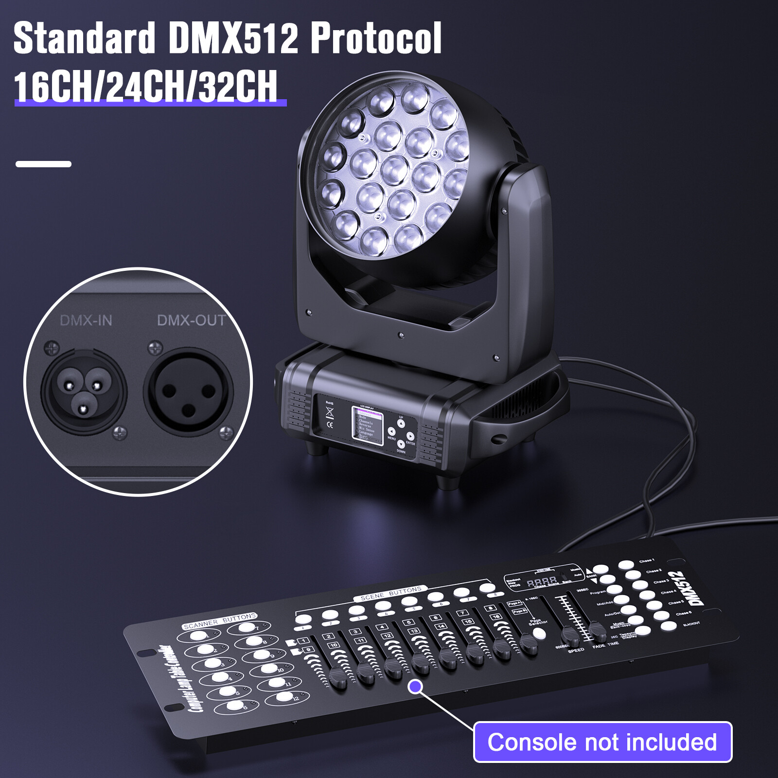 19x 15W RGBW 4-in-1 LED Zoom Moving Head Beam Light DJ Party Bar Stage Light DMX