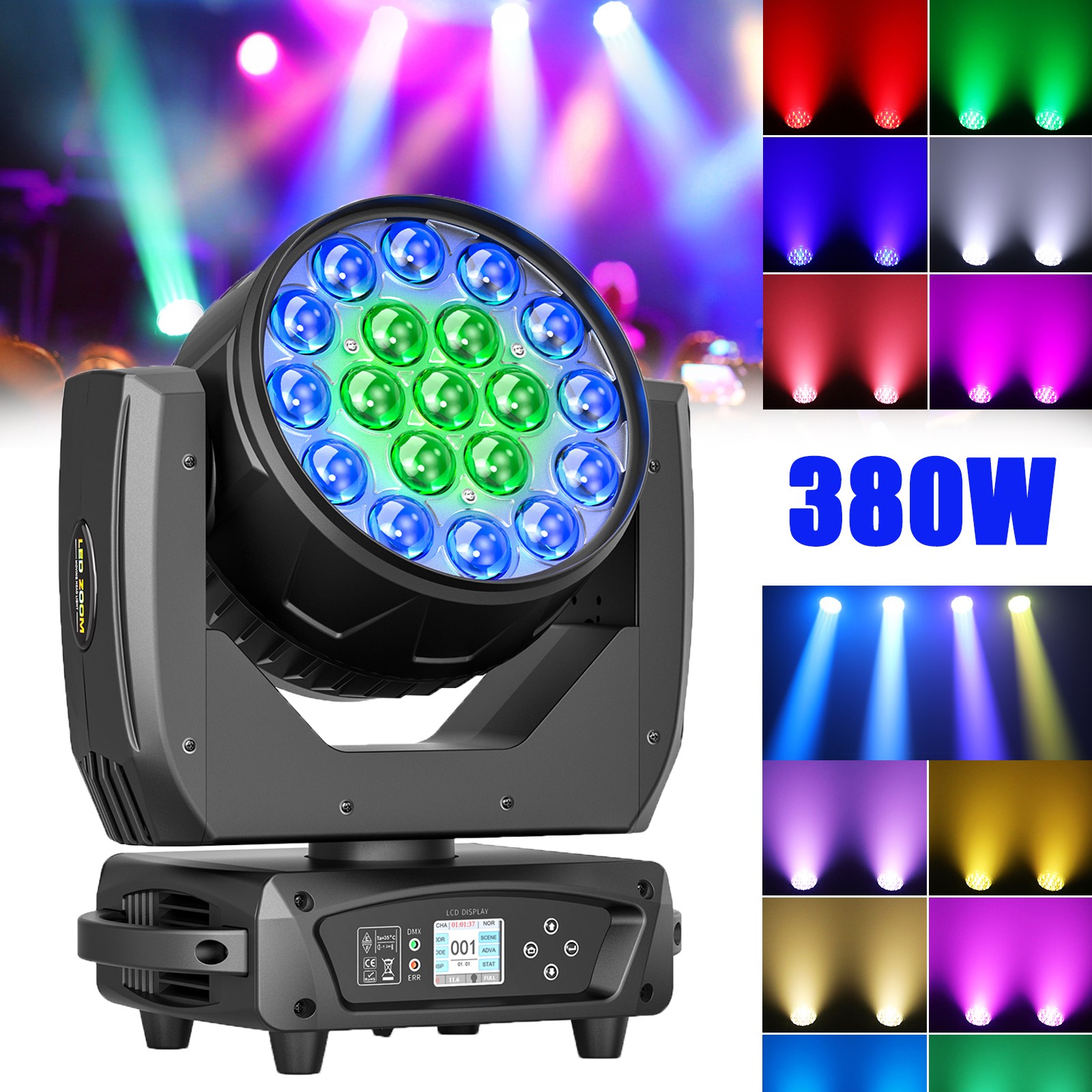 19x20W RGBW LED Zoom Wash Moving Head Light Stage DMX512 Beam Lighting DJ Disco