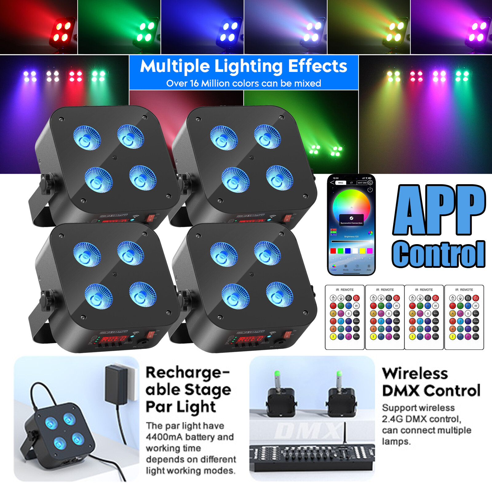 4PCS 4x25W Par Light Beam Stage Light LED RGBWA UV DMX512 Party Disco Halloween