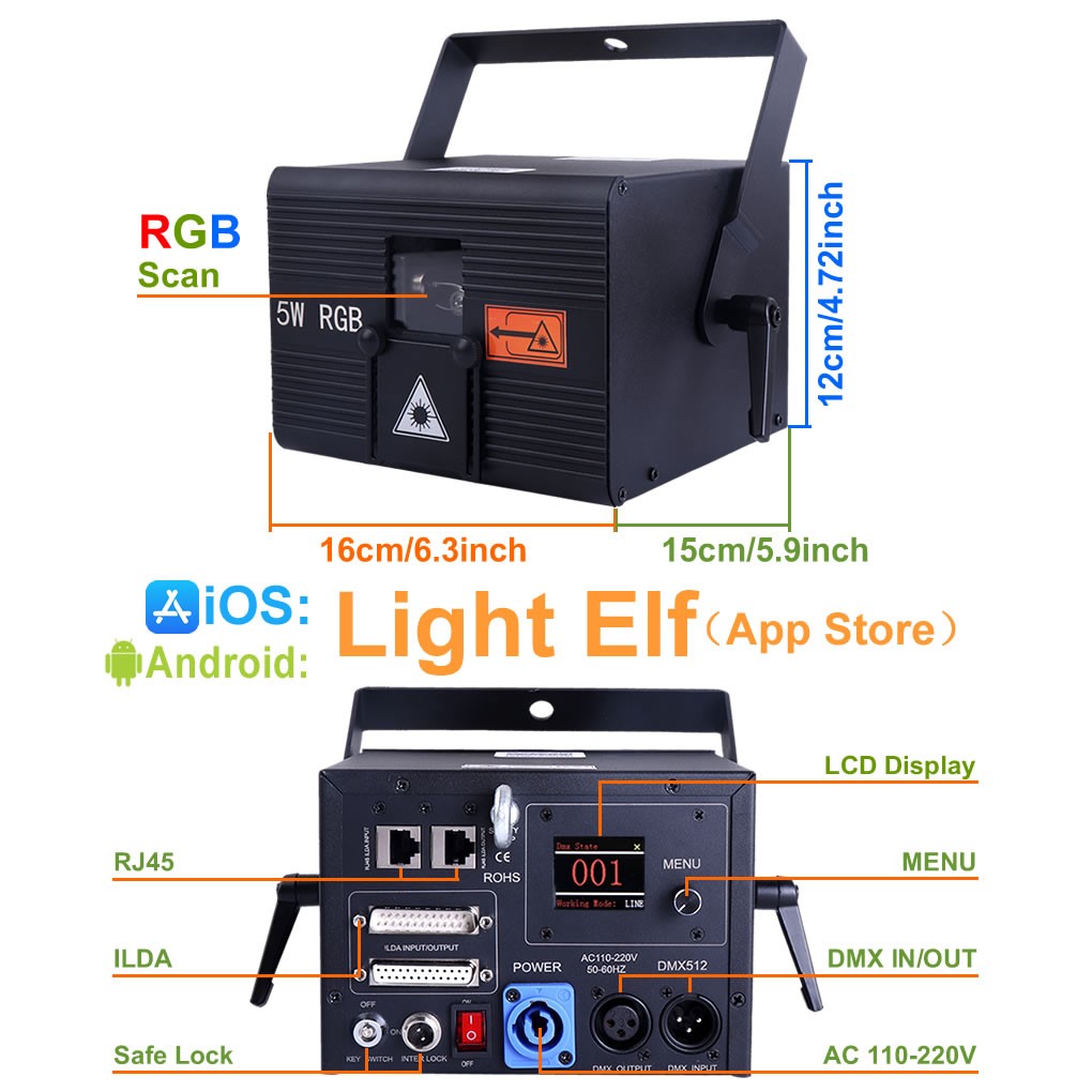 iOS Android App DMX iLDA 5W RGB Animation DJ Party Stage Projector Laser Lights