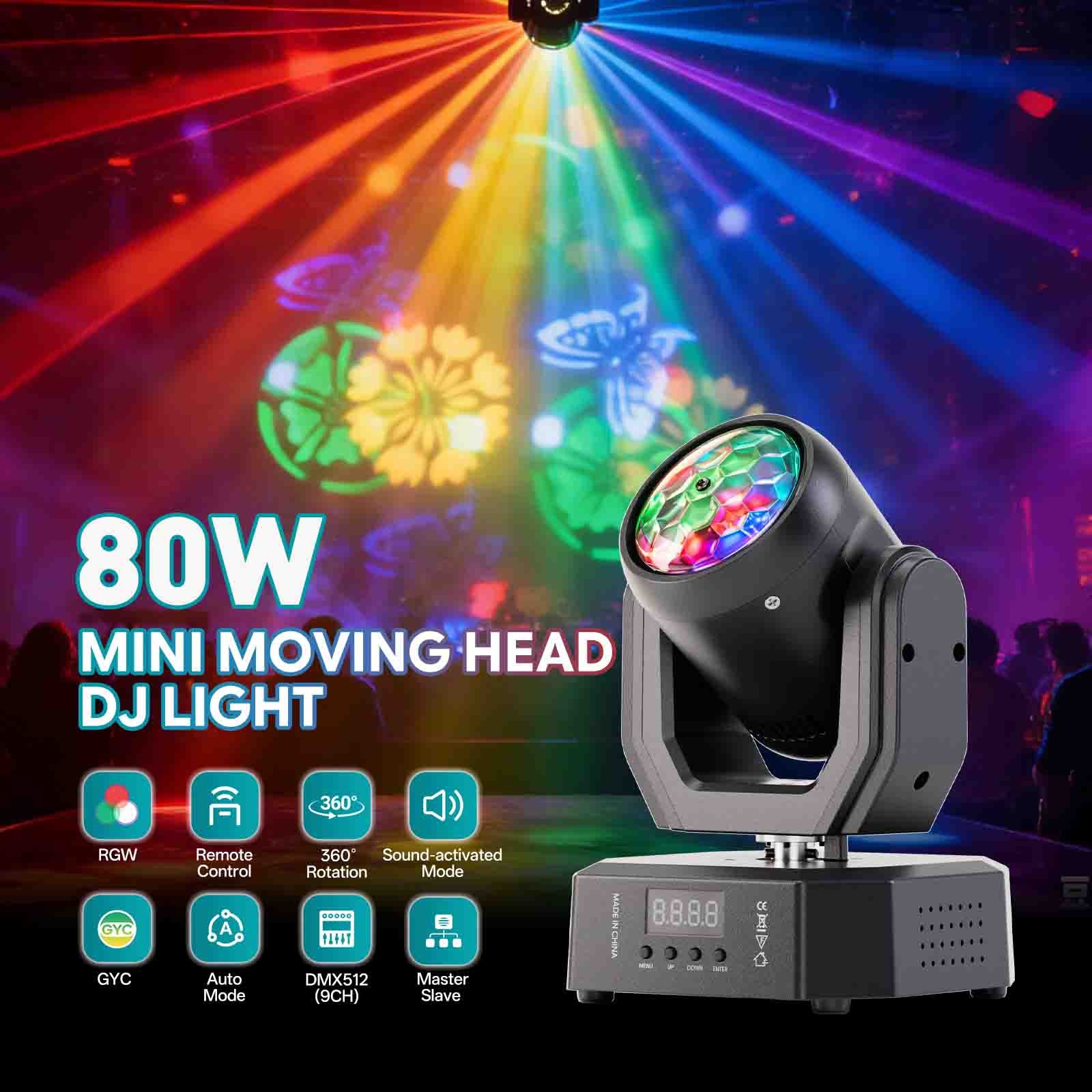 80W Moving Head Stage Lighting RGWYC LED Pattern Lights DMX DJ Disco Club Light