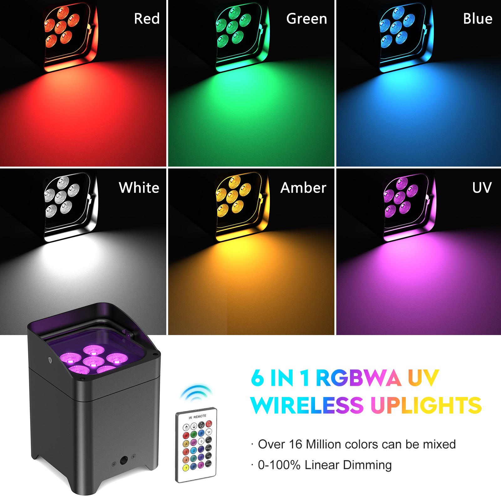 9600 mAh Wireless LED stage Uplight 6X18W RGBWA+UV Rechargeable Par Light App