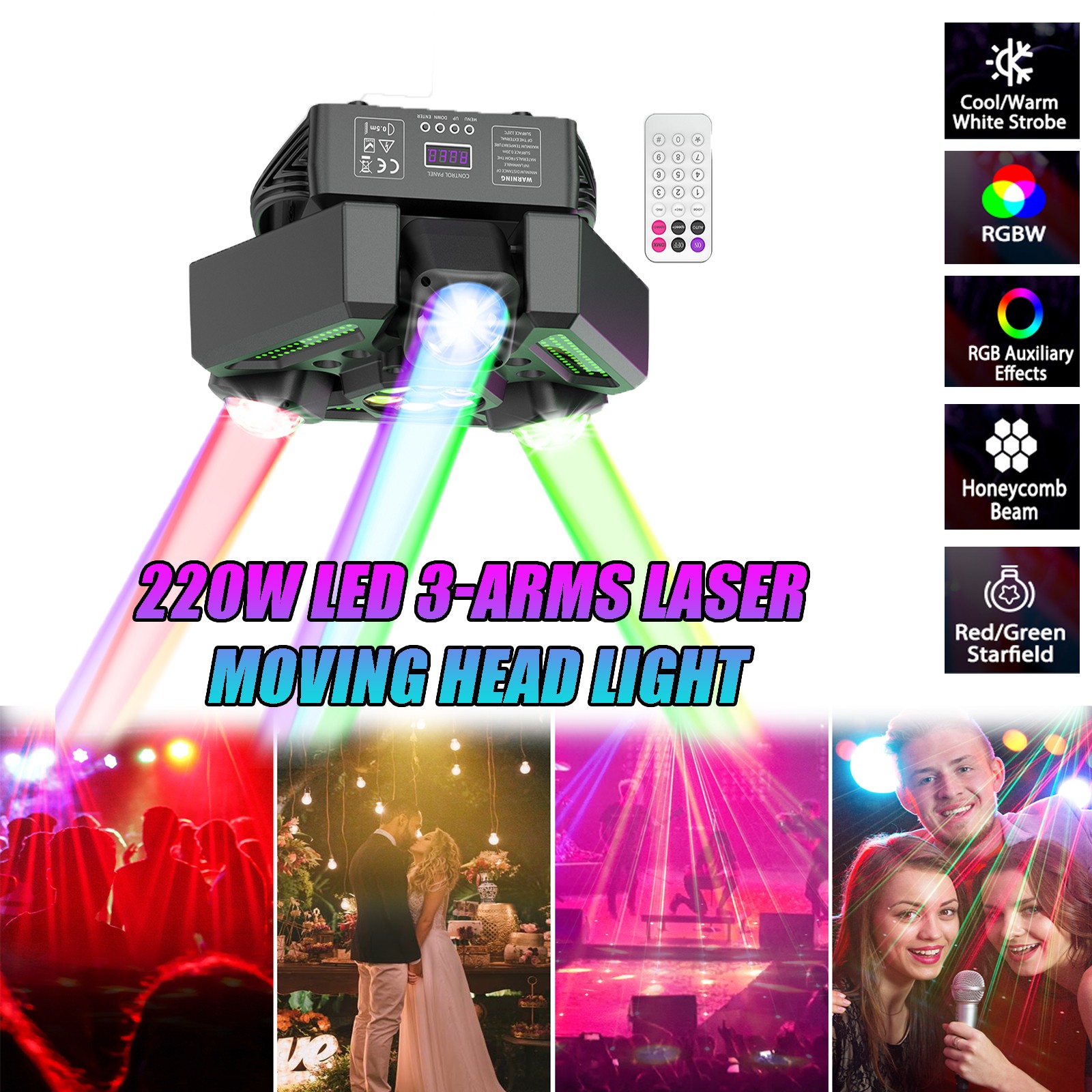 220W 4IN1 RGBW 3 Arms Moving Head Light w/ Laser Effect DJ Light DMX Stage Light