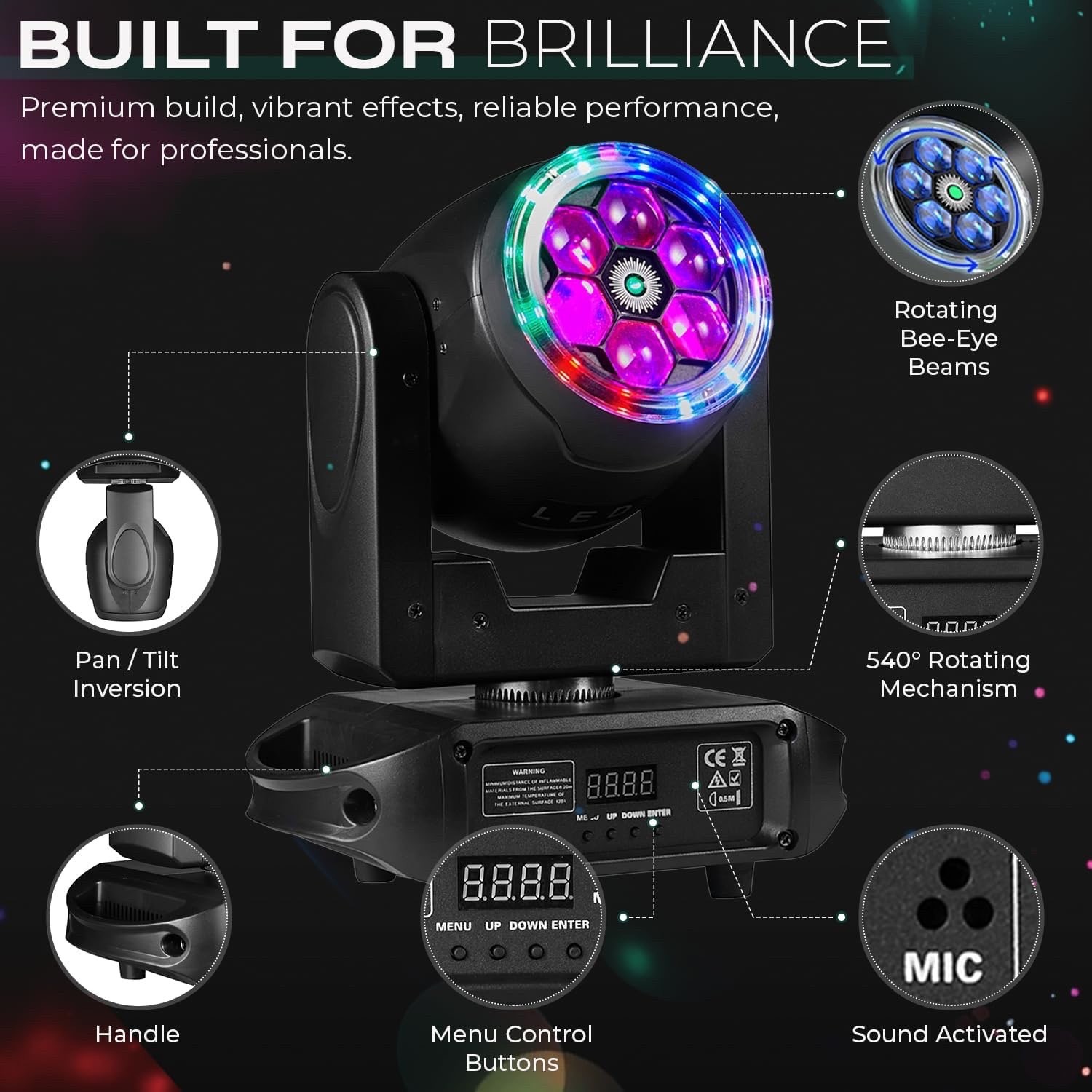 Mini Moving Head DJ Light, 90 W, 6X15W RGBW Bee-Eye, Sound Activated