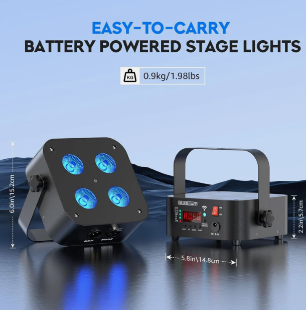 4 Pack Mini Rechargeable Wireless APP 6 in 1 RGBAW UV Stage Lights DMX In Out
