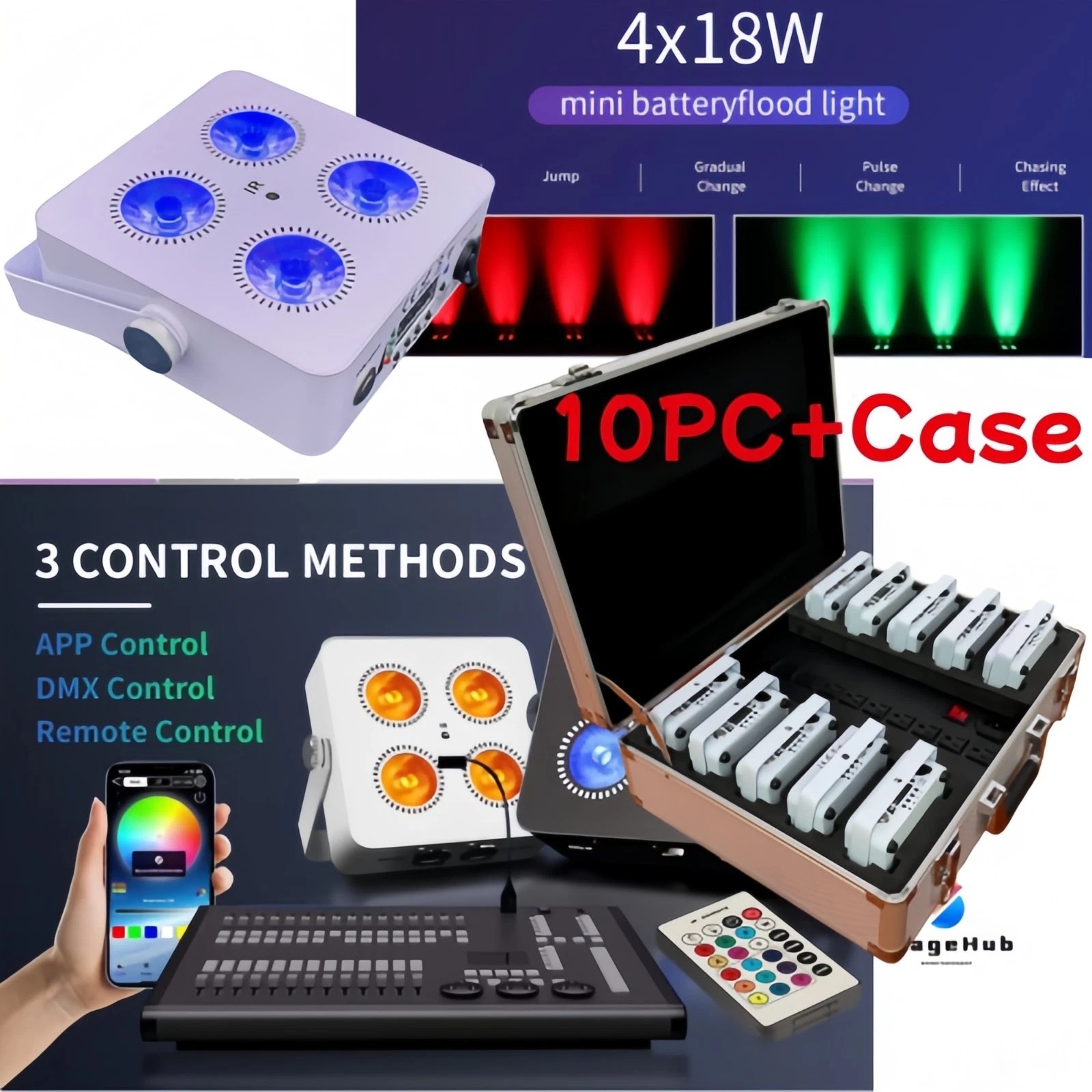 10+Case/4x18w RGBWAUV Wireless Dmx Mini LED Uplight 5000mAh Battery DJ Stage Par