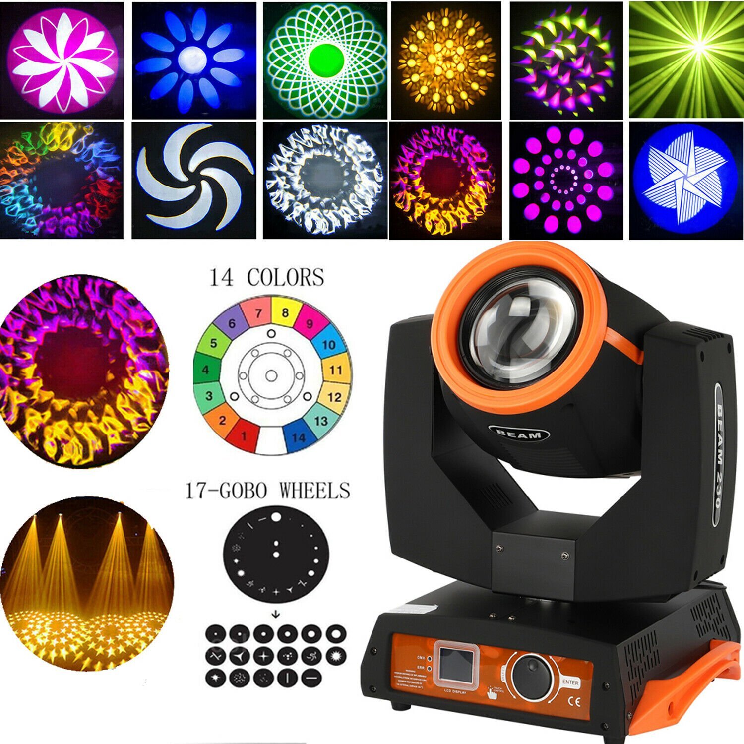 230W 16CH DMX512 7R Zoom 16+8 Prism Beam RGBW Moving Head Stage Light 17 Gobos