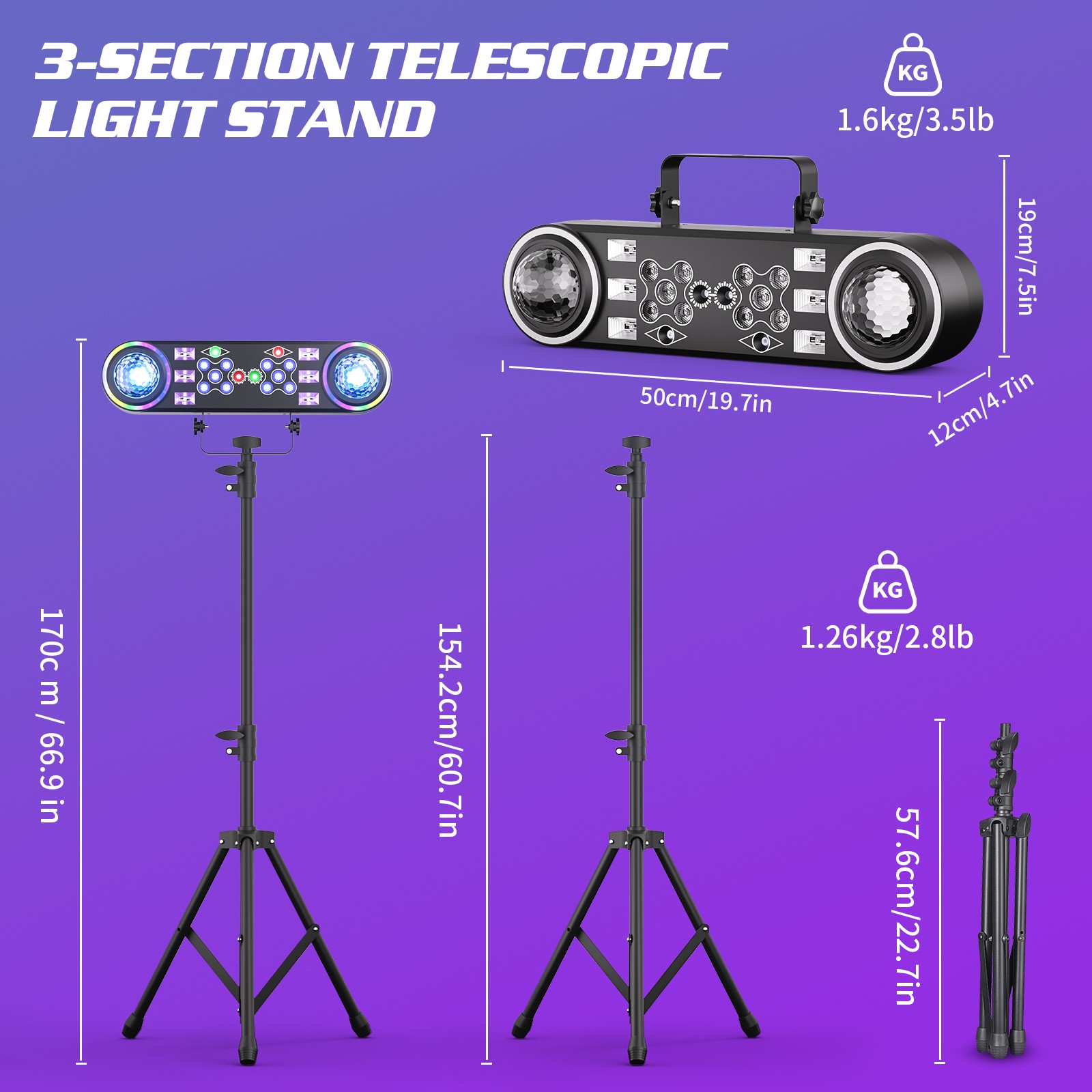 4PCS RGBW UV DJ Lights with Stand &Bag, Telbum Party Mobile Laser Stage Lights