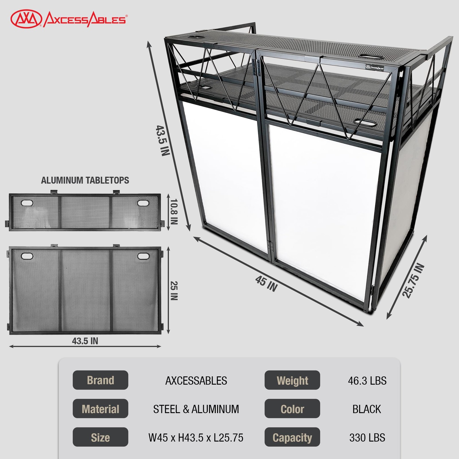 AxcessAbles Two-Tier Portable DJ Booth | Large DJ Table Stand w/ 43″x25″ Desk