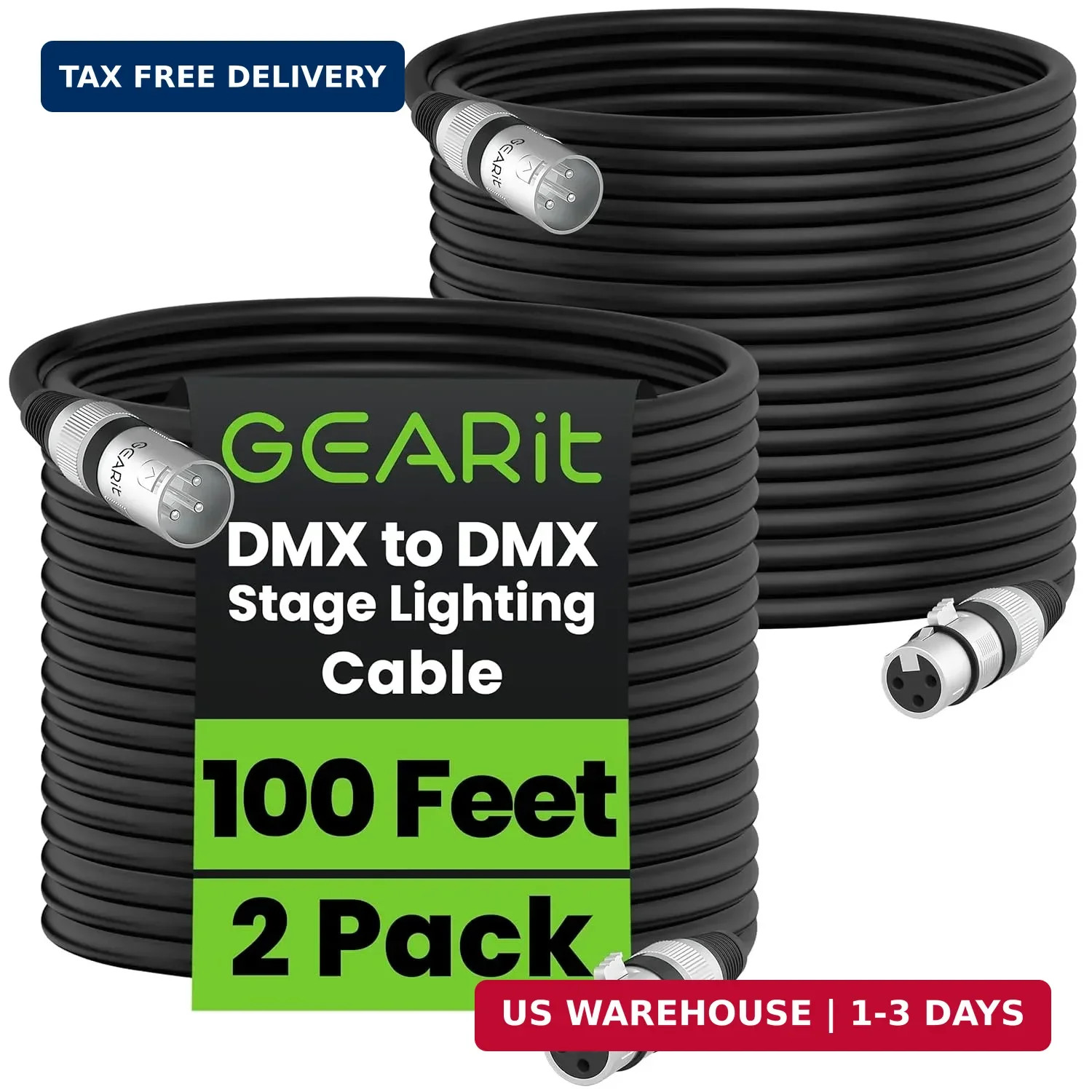 DMX Cable 100 ft 2 Pack, 3 Pin DMX Cable, XLR Male to Female DMX Lighting