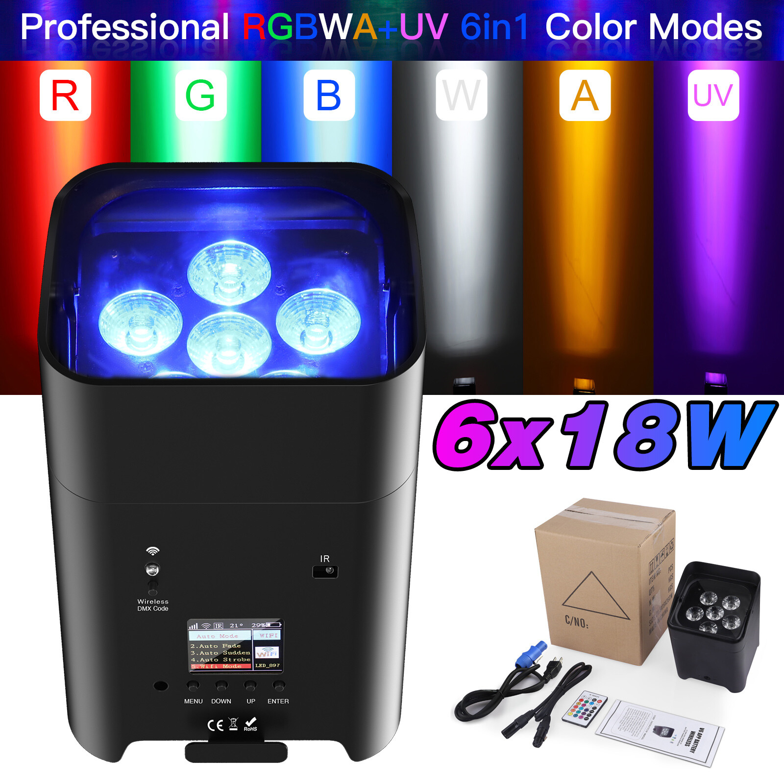6PCS Uplight Wifi APP Wireless Control 6x18W RGBWAUV Battery LED Par Light &Case