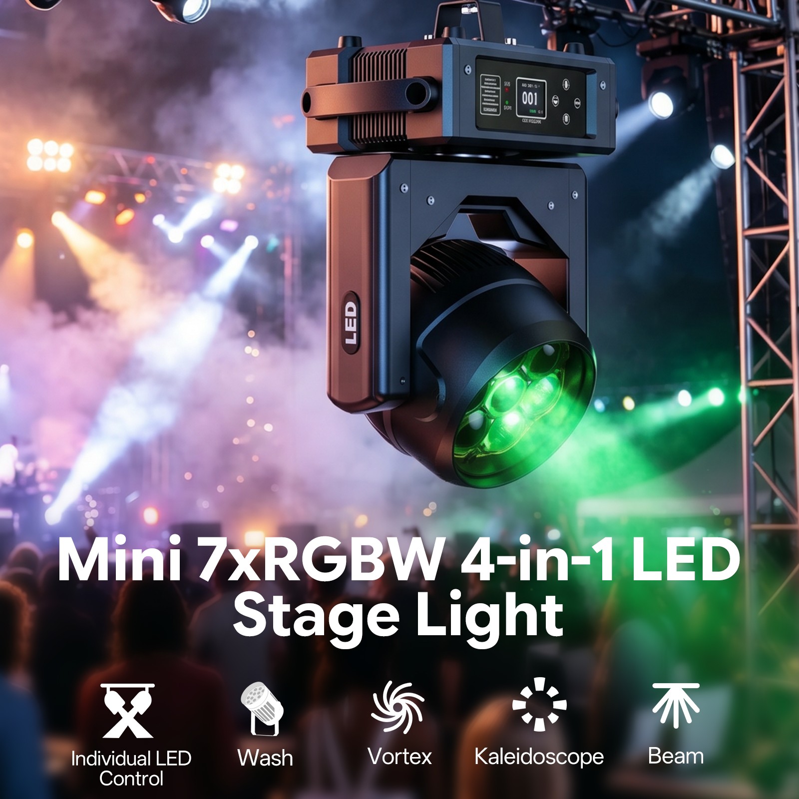 4PCS 7LED RGBW Zoom Wash Beam Moving Head Light 250W Wedding Theater Event DMX