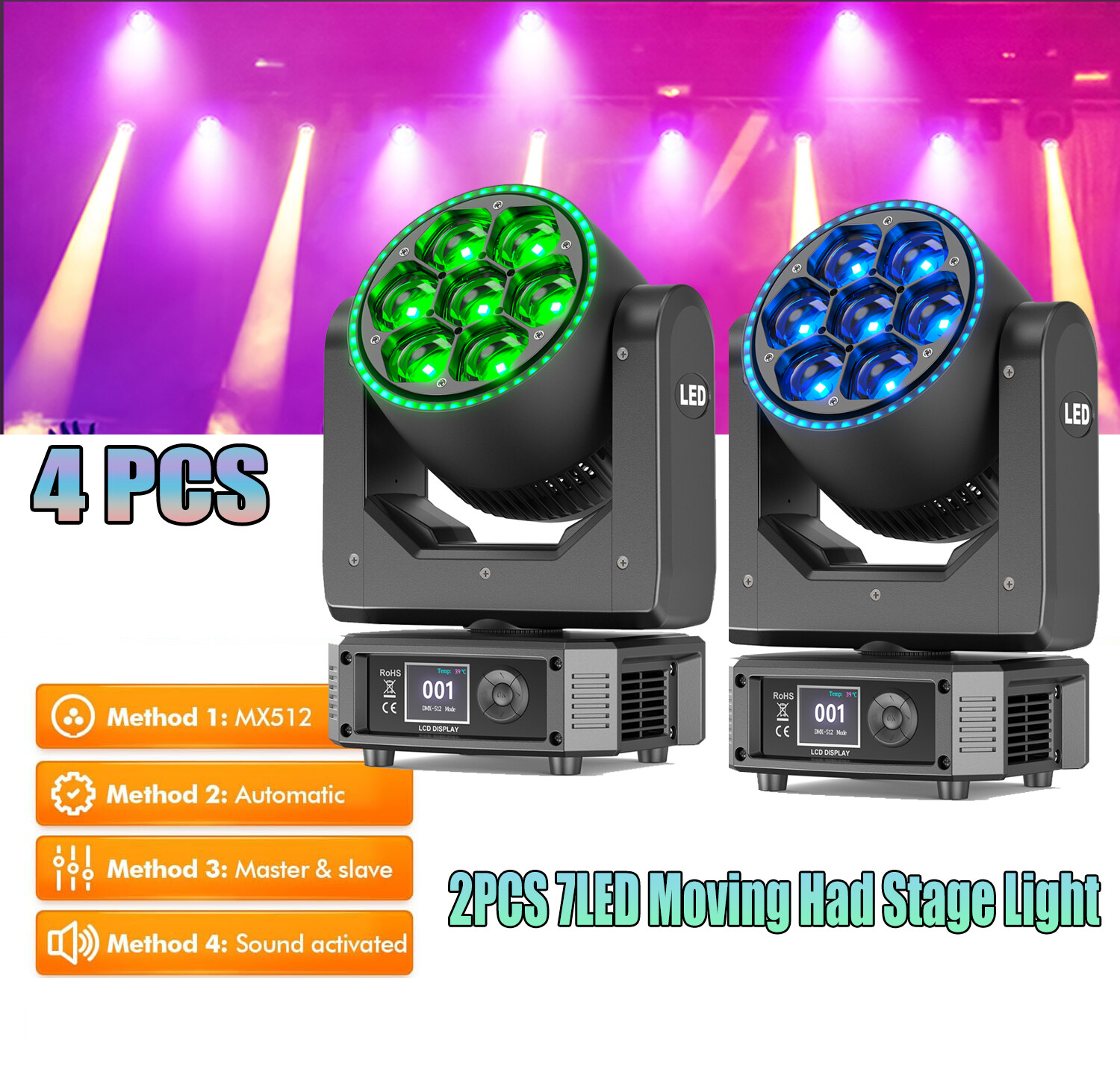 7X50W Zoom Moving Head Beam Stage Lighting 7 LED RGBW DMX Disco Party DJ Lights