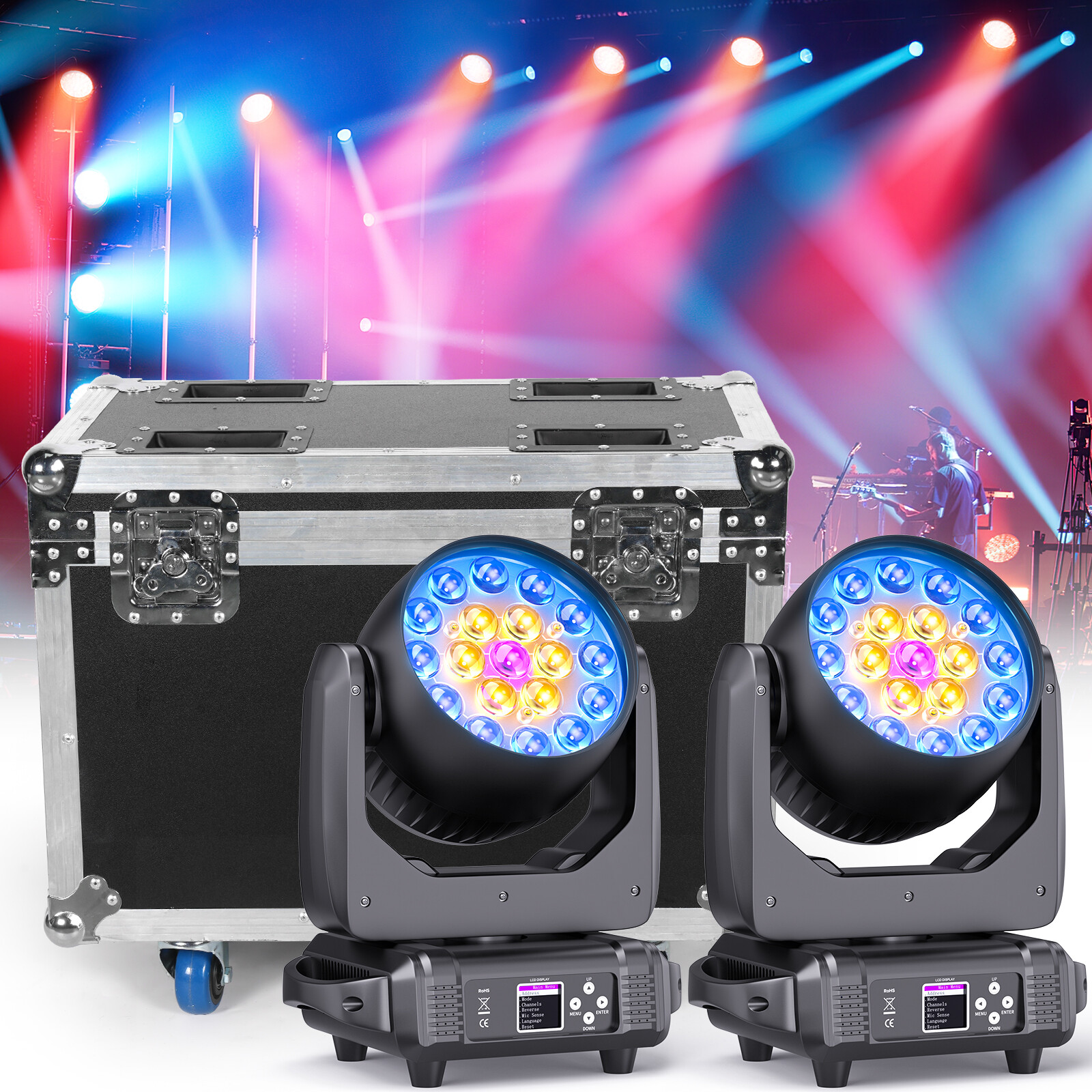 2x LED 19x15w RGBW ZOOM Moving Head beam light for dj disco concert stage light