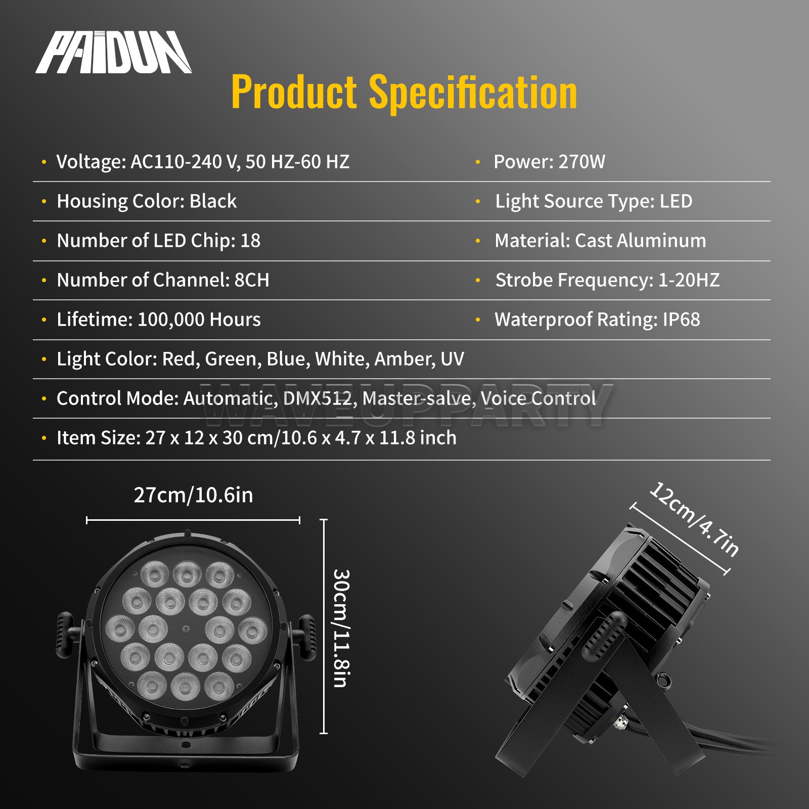 PAIDUN 18x18W LED Cast Aluminum Par Can Stage Light RGBWA+UV Waterproof IP68 DMX