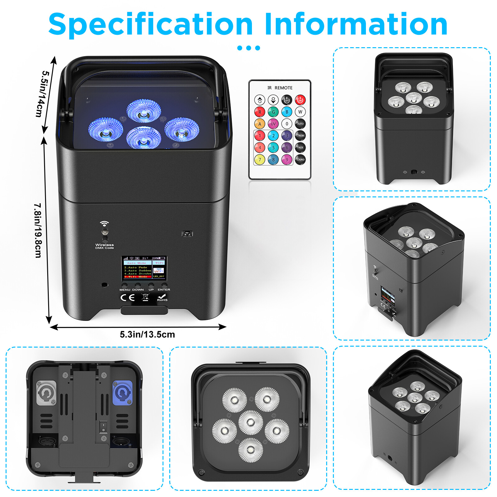 6Pcs Wireless Par Light 6x18W RGBWA+UV Stage Light with WiFi APP Control w/Case