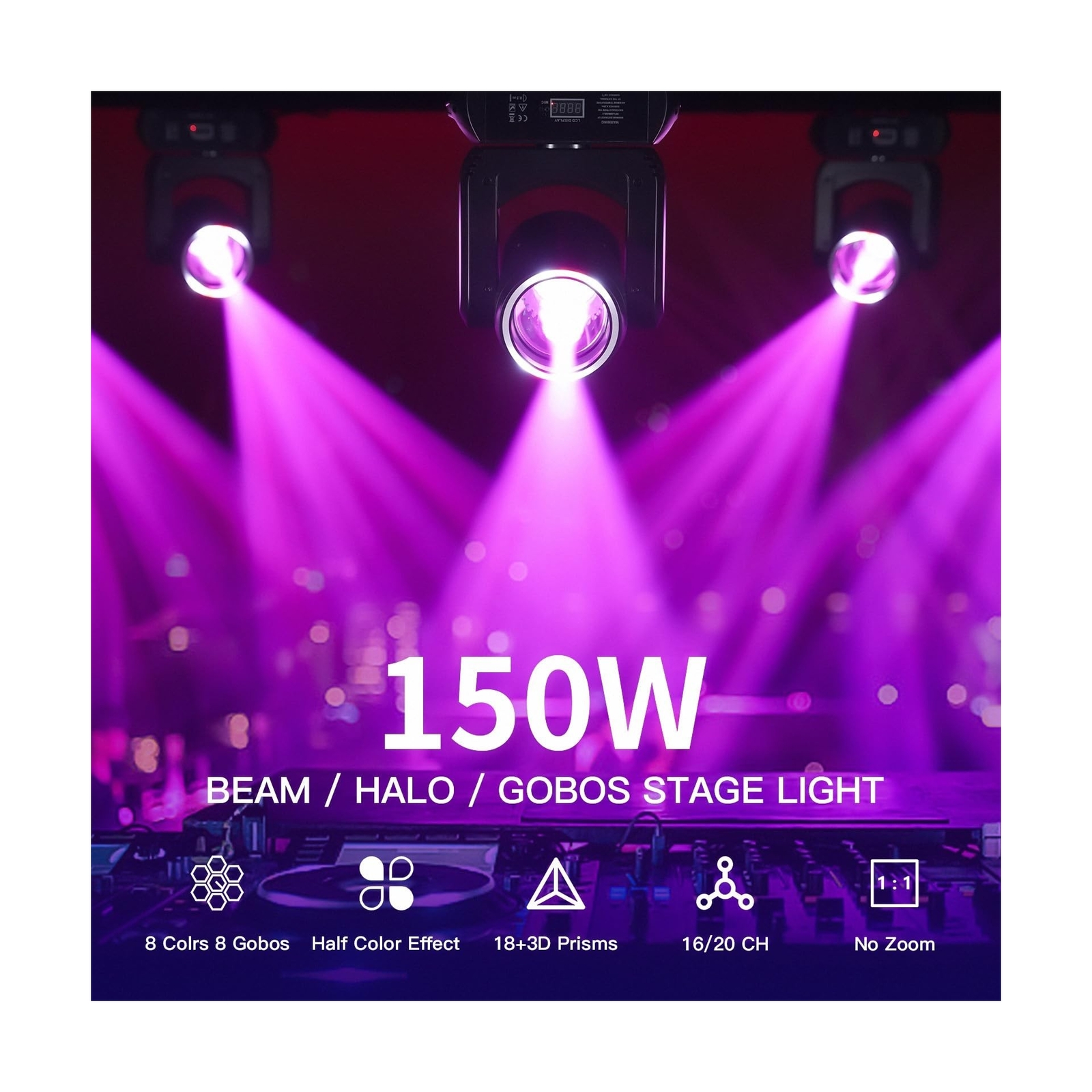 150W LED DJ Light Moving Head Stage Light Beam Halo 8 Gobos 8 Colors 3D Rotat…