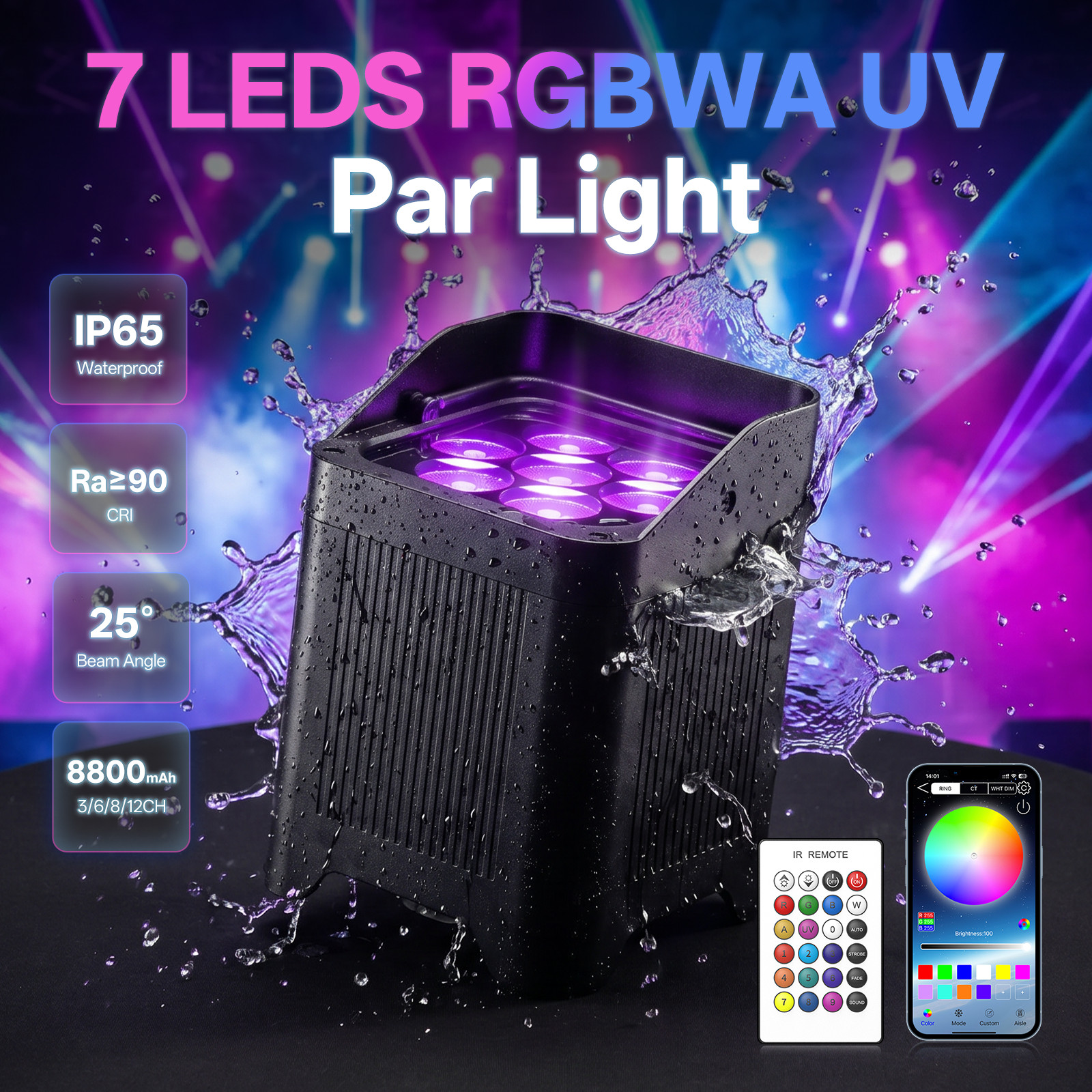 7x20W Wireless Waterproof Par Light Battery Powered RGBWA+UV 7 LED Wash Uplight