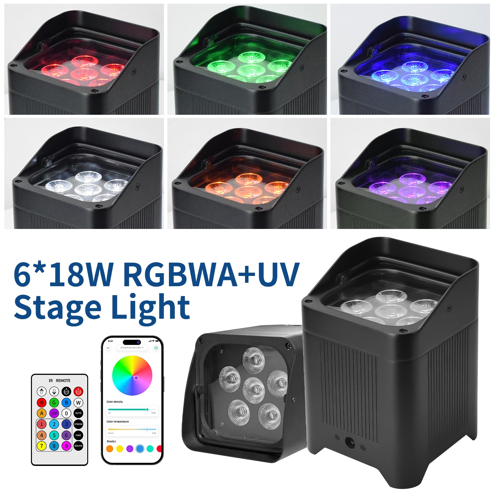LED Par Light 6*18W RGBWA UV 6in1 Uplight BatteryPowered App DMX Remote Control