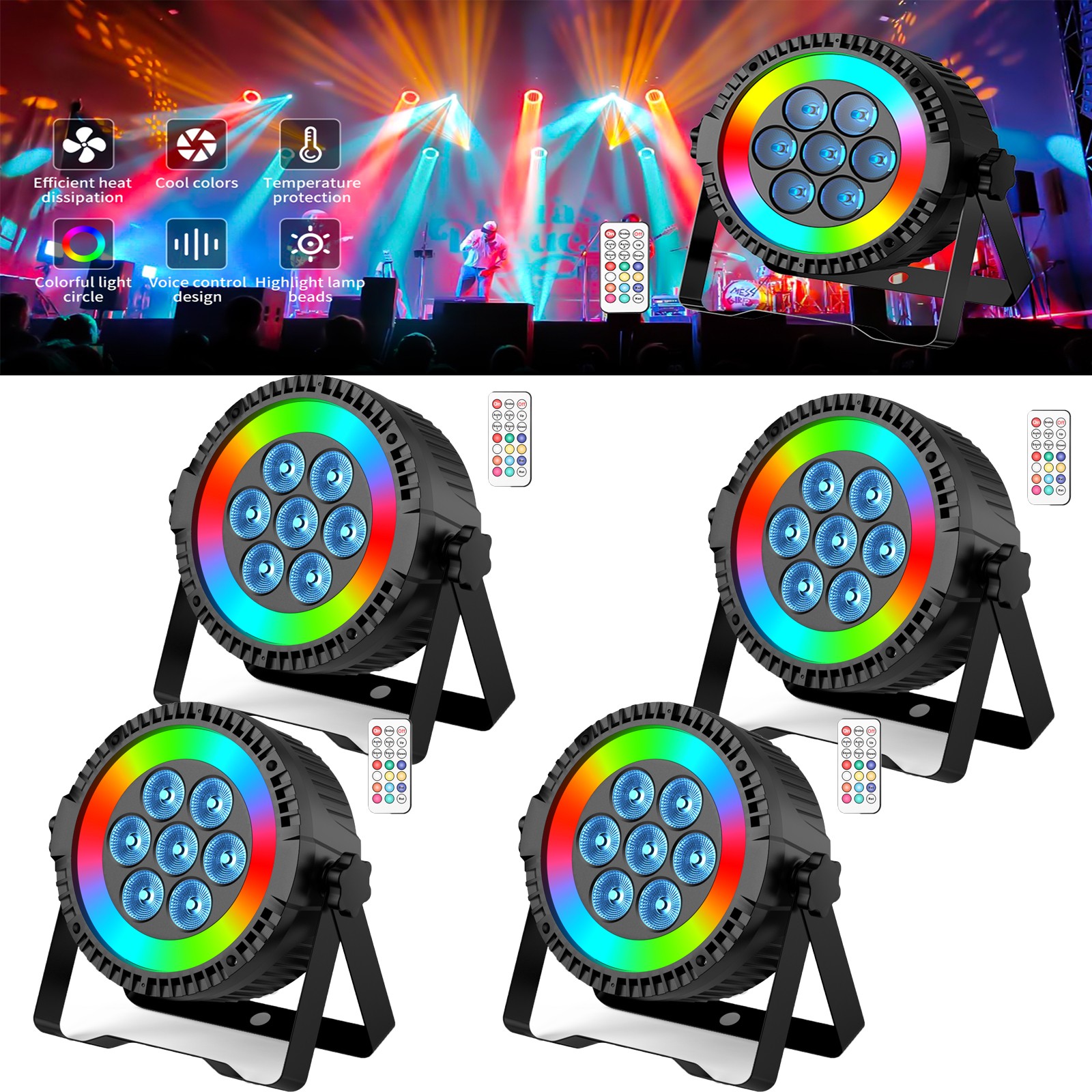 4PCS 7LED Par Can RGBW Stage Lighting DMX512 Sound Remote DJ KTV Party Disco