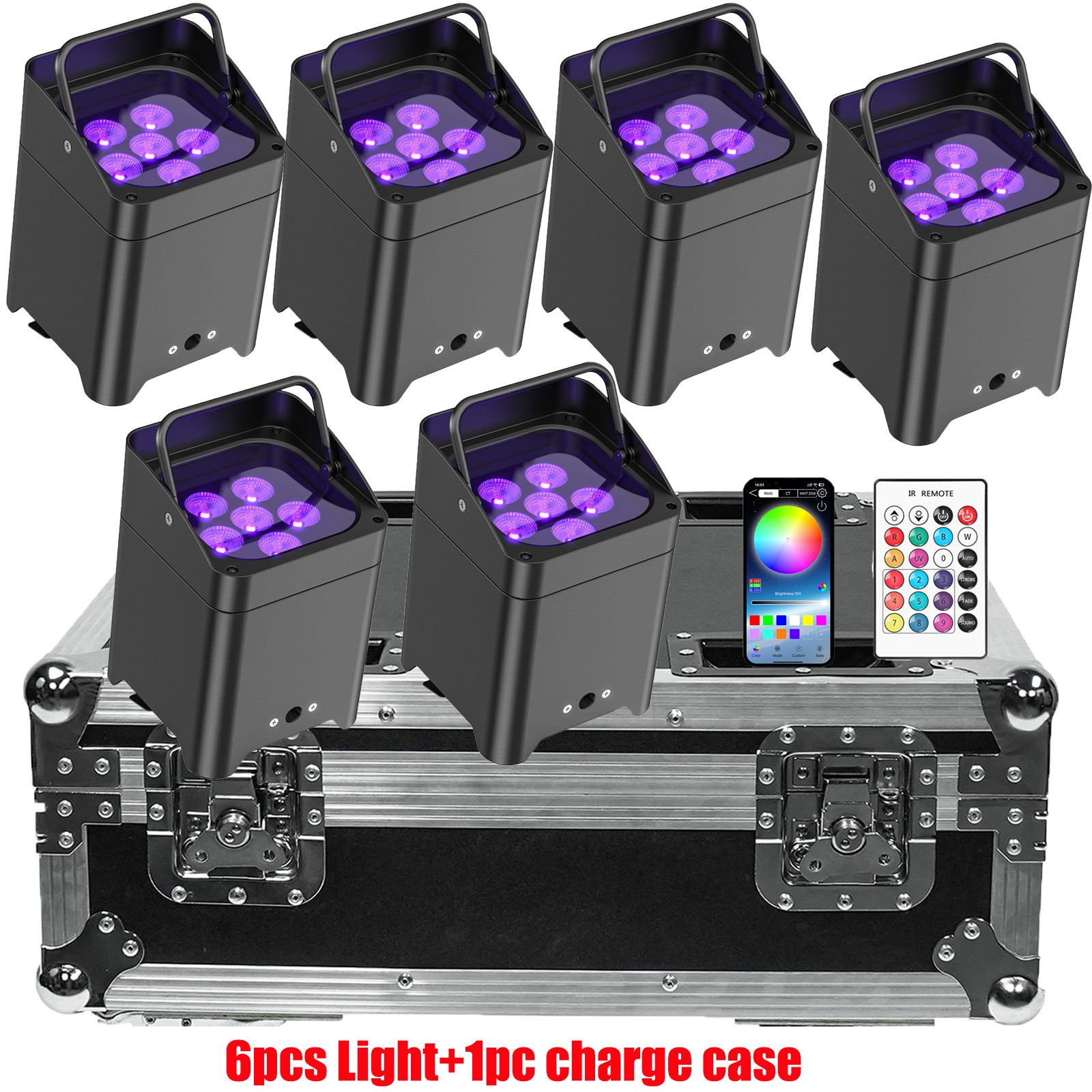 6PCS 6x18W RGBWA+UV Wifi APP Wireless Remote Control Par Light With Case