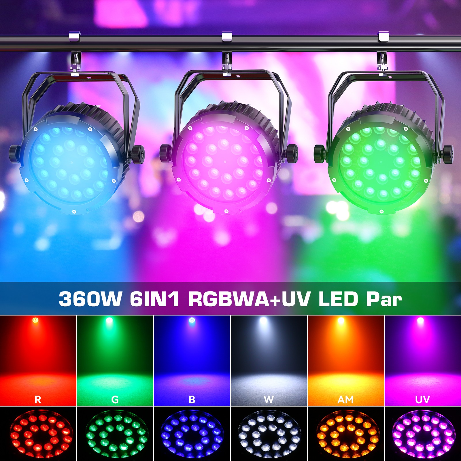 UKING Waterproof 360W 24LED Par Light 6in1 RGBWA UV DMX512 Stage Wash Lighting