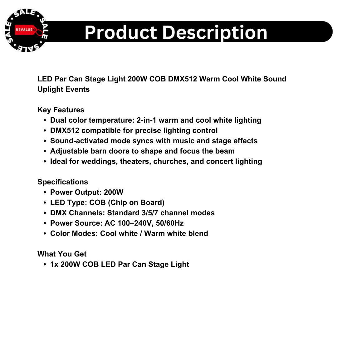 LED Par Can Stage Light 200W COB DMX512 Warm Cool White Sound Uplight Events