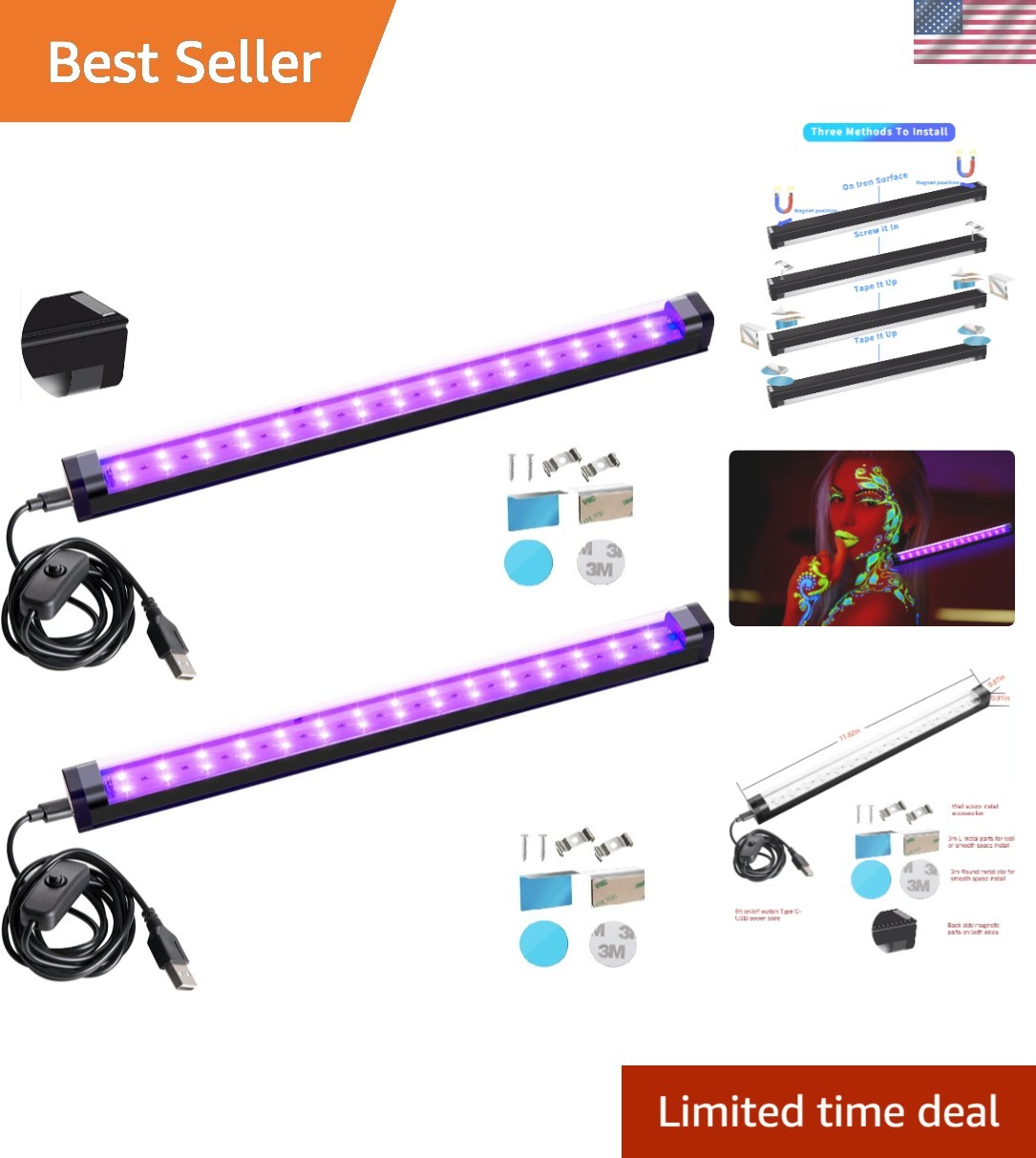 Compact 1ft Black Light Bar with Touch Control – 10W USB Glow Party Lights (2)