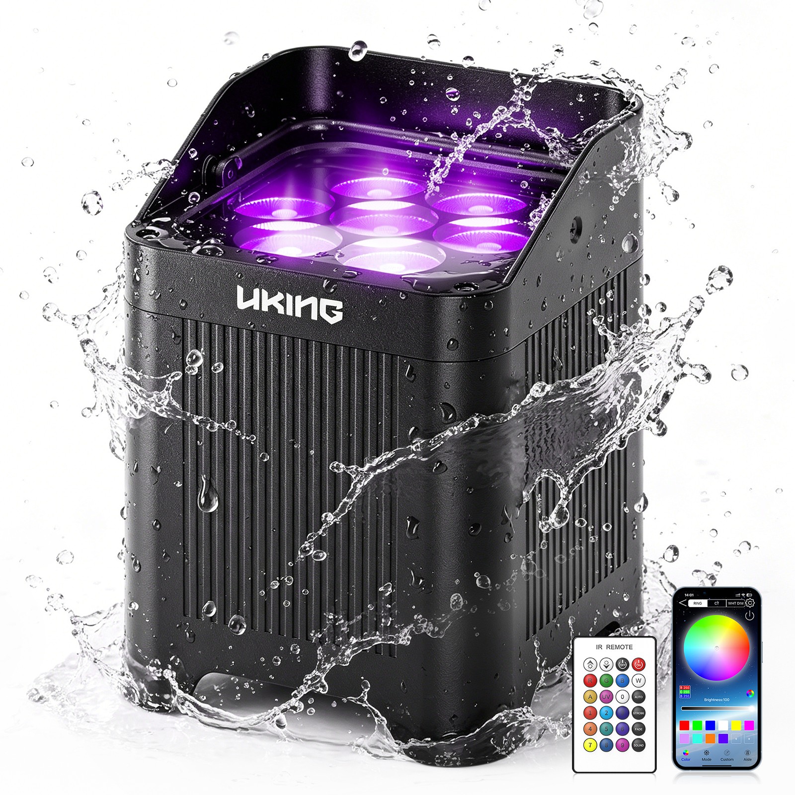 UKING SplashPWR 140W RGBWA+UV Waterproof Par Light Battery Power Wireless APP