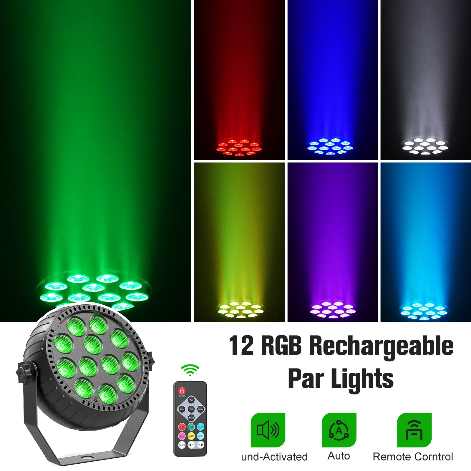 Rechargeable Par Light 72W RGB Battery Powered Wireless 12LED DJ Uplights Remote