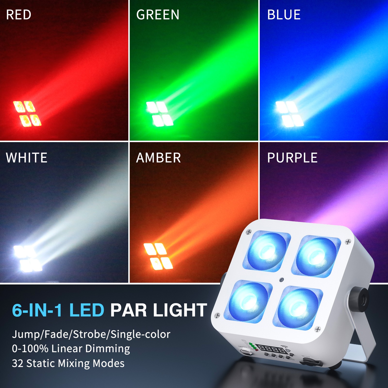 Battery Powered RGBWA+UV 4-LED Par Light Rechargeable WIRELESS DMX Par Can Light