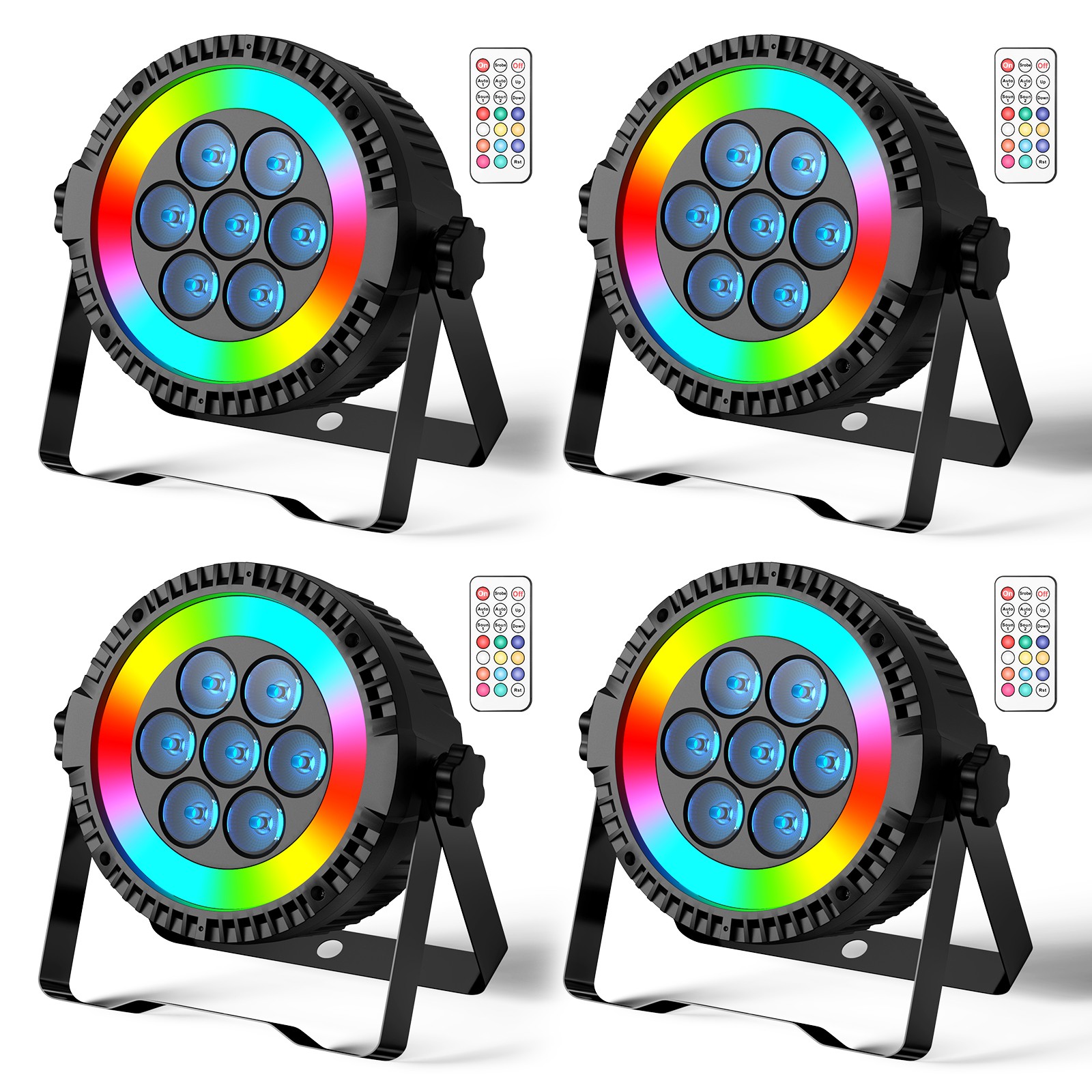 4PCS 7+48 LED Par Can RGBW Stage Lighting DMX512 Sound Remote DJ Disco Party Bar