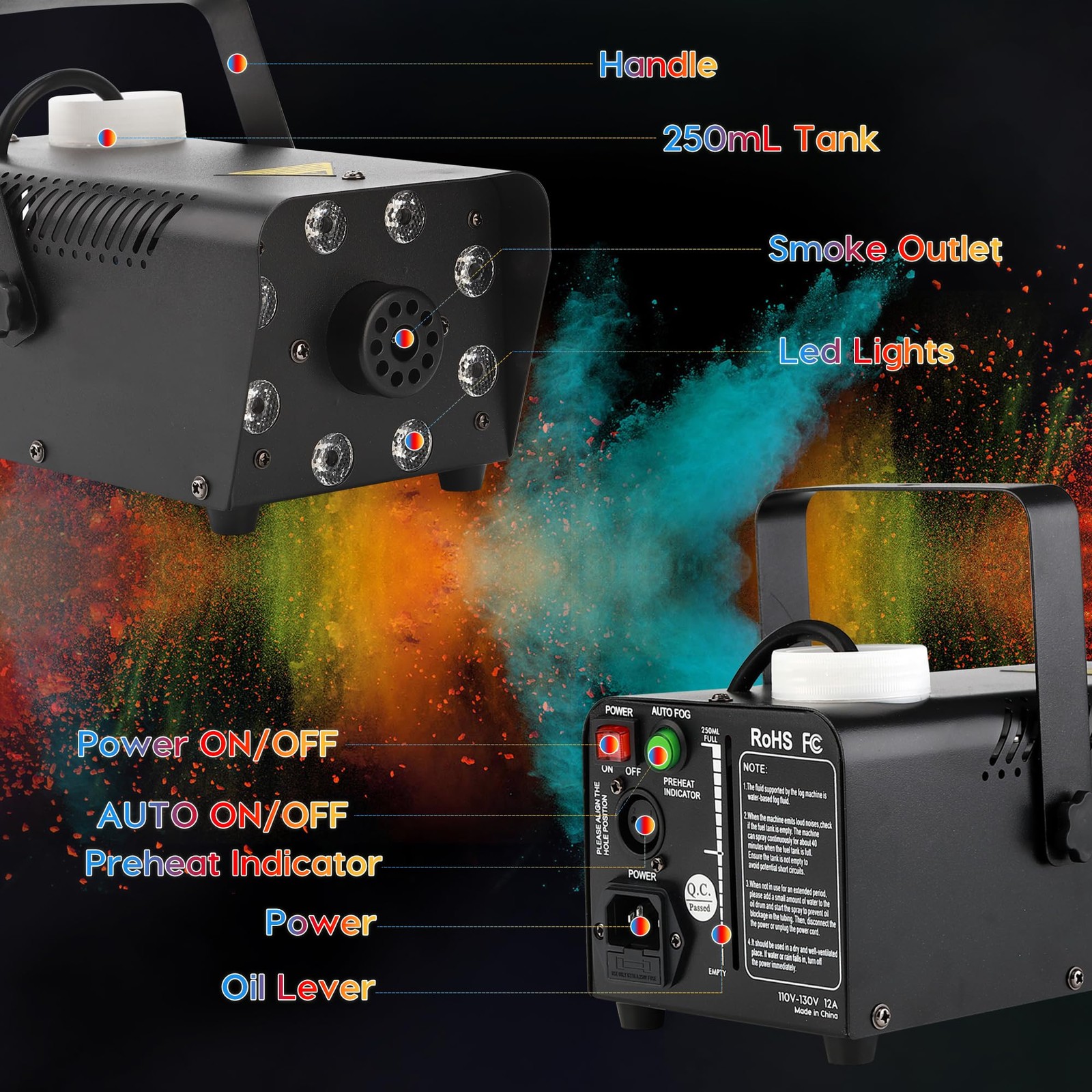 Fog Machine Mini Smoke Machine 13 Colorful Lights 500W 2500CFM Small with Wir…