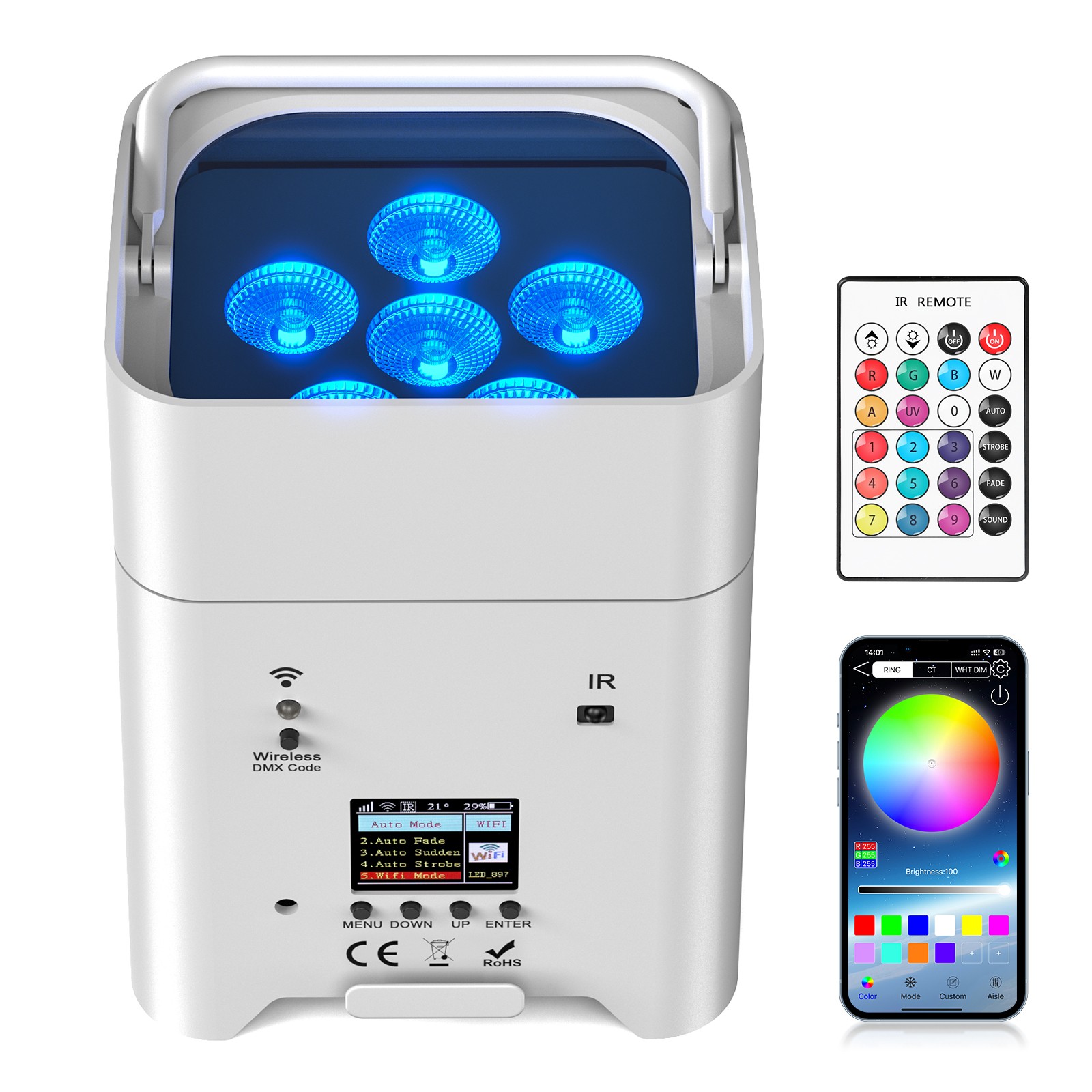 Wireless LED stage Uplight 6X18W RGBWA+UV Rechargeable Par Light Battery Powered