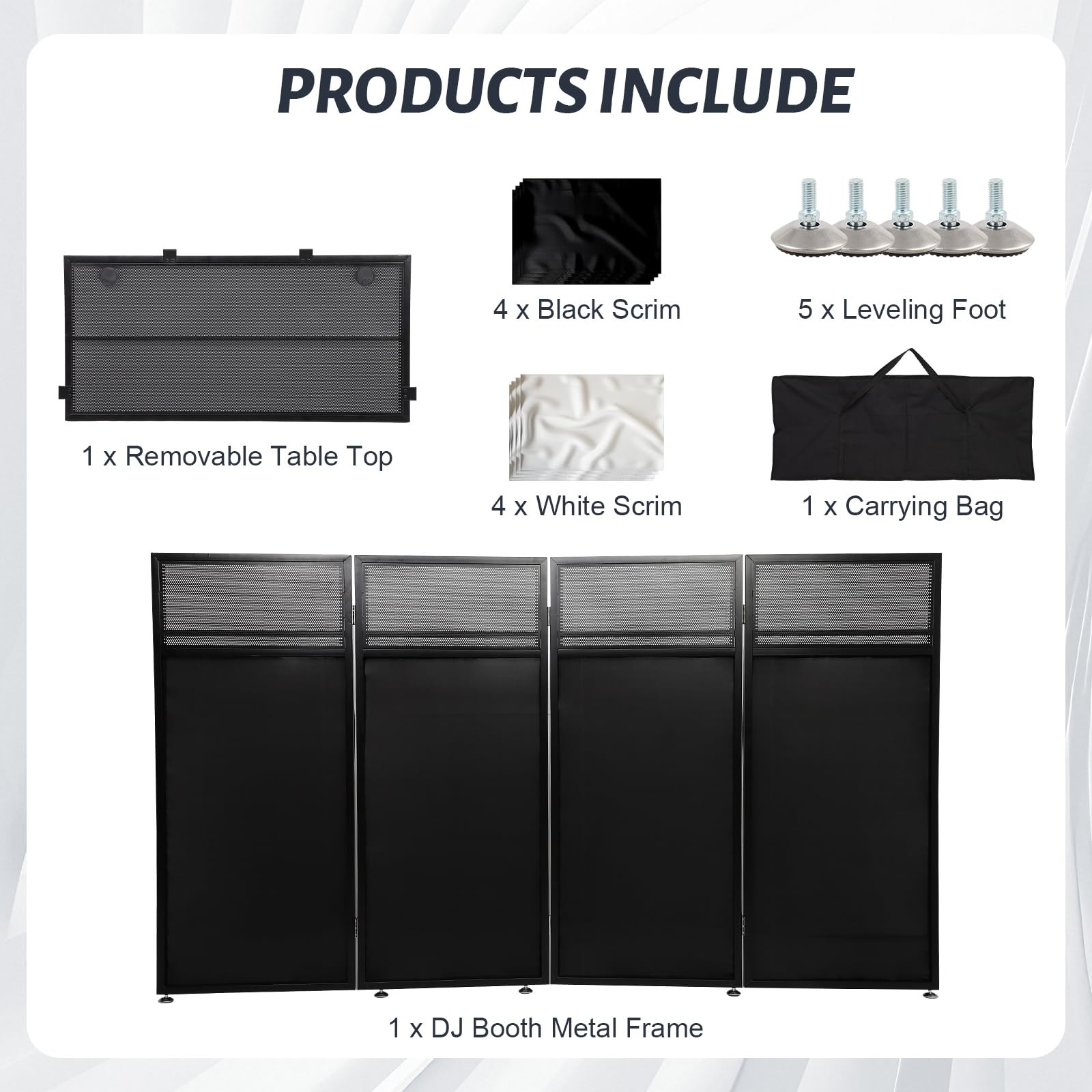 Portable DJ Booth Table Station 44×42.2×20.6, Foldable Metal Frame DJ Facade
