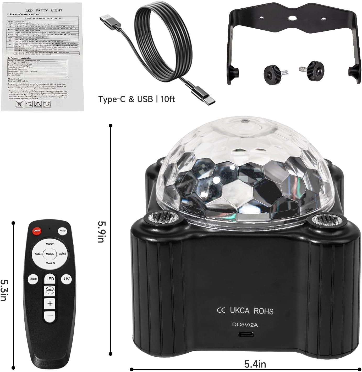 Disco Ball Party Lights Indoor/Outdoor- 9W Sound Activated LED Colorful DJ Strob