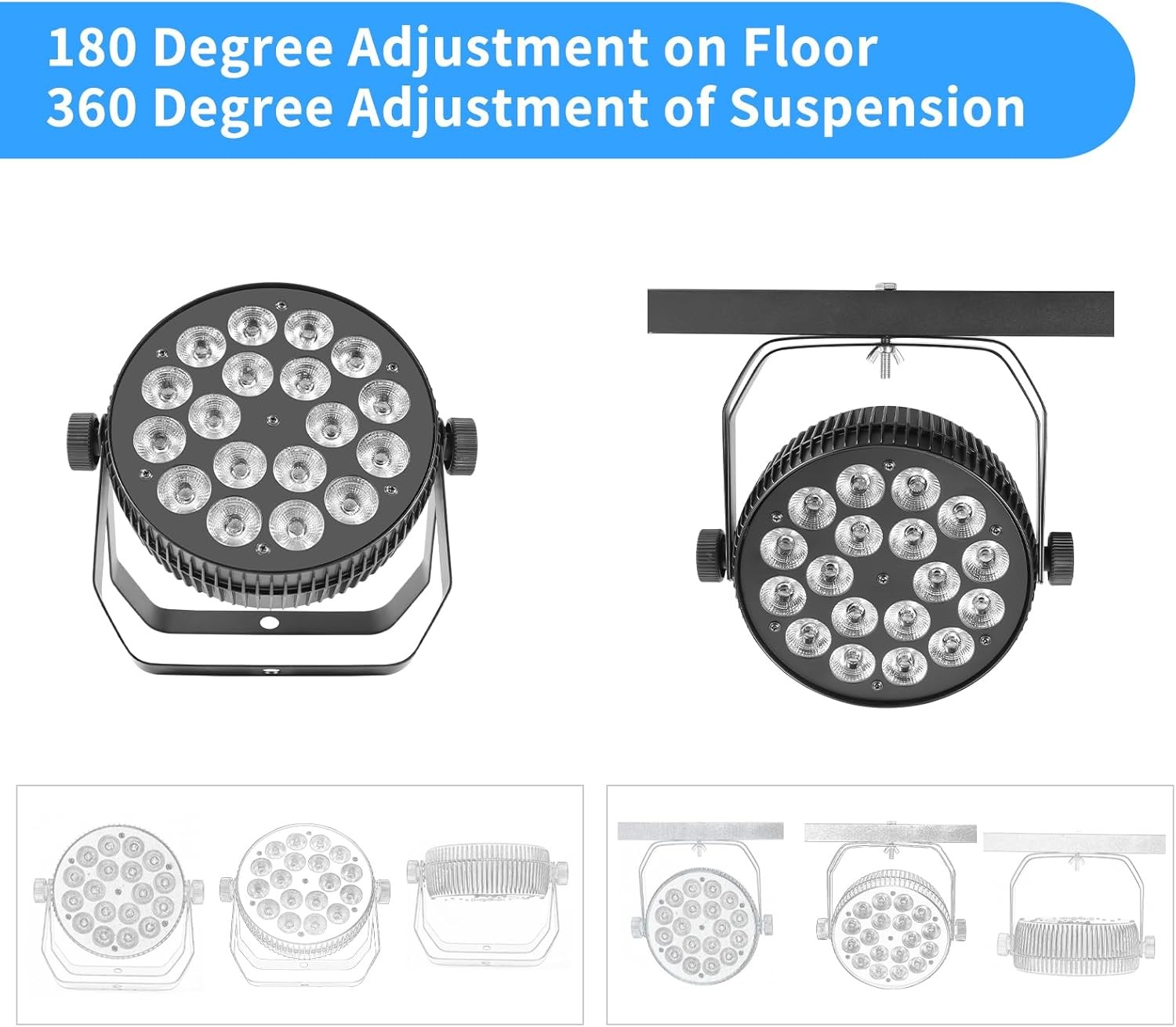 LED Stage Light, 18×18 Watt RGBWAUV 6-in-1 DJ Par Can Light, Aluminum Low Noise