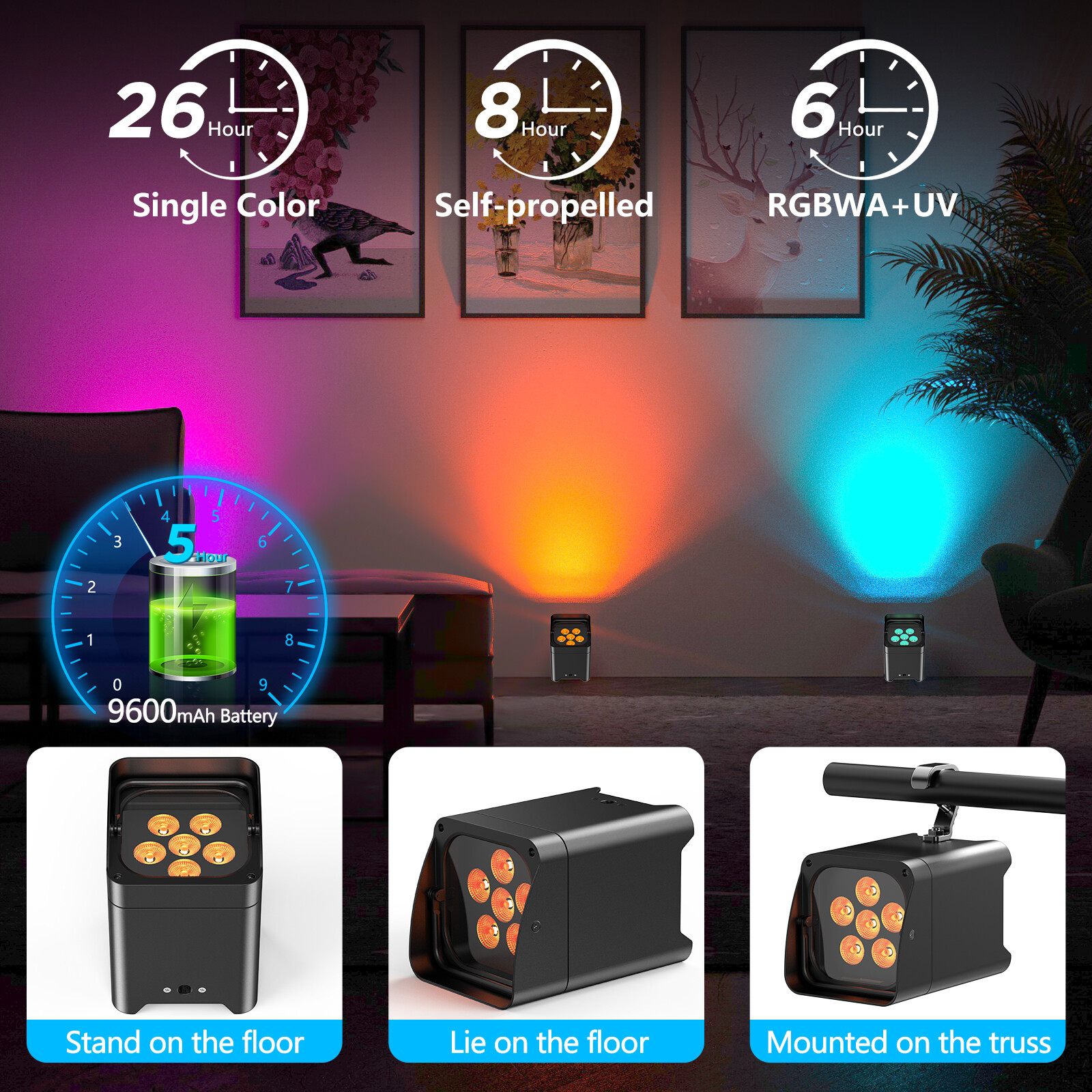 6PCS 6x18W RGBWA+UV Battery Powered WIRELESS DMX Par Can Lights DJ Uplighting