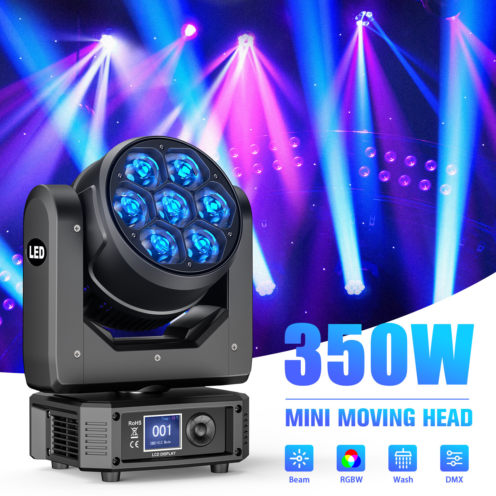UKING Bee Eye LED 7x50W RGBW Beam Wash Zoom Moving Head Stage Light DJ Disco Bar