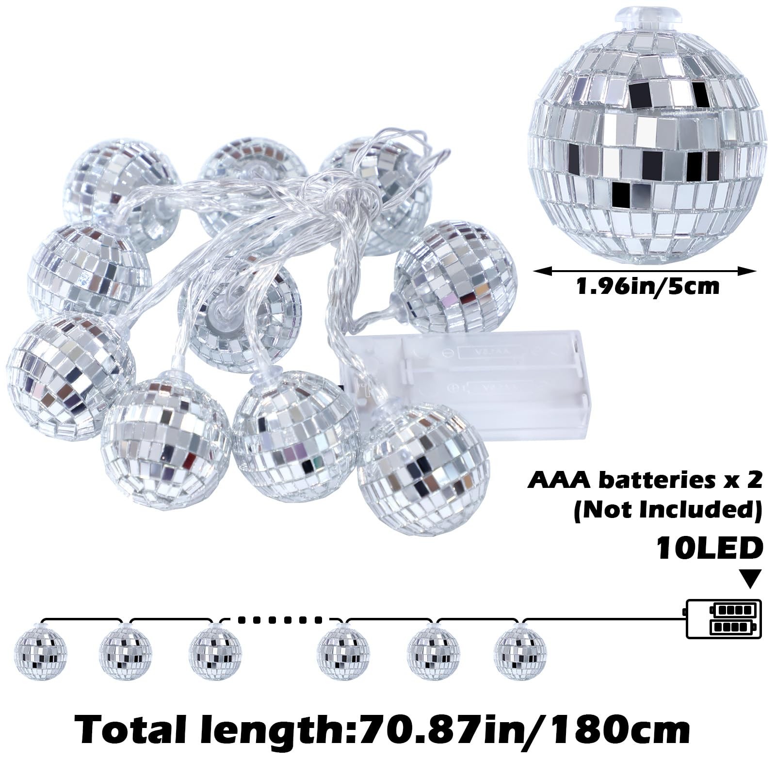 10 PCS Silver LED Disco Mirror Ball String Lights Battery Powered 2 Inch