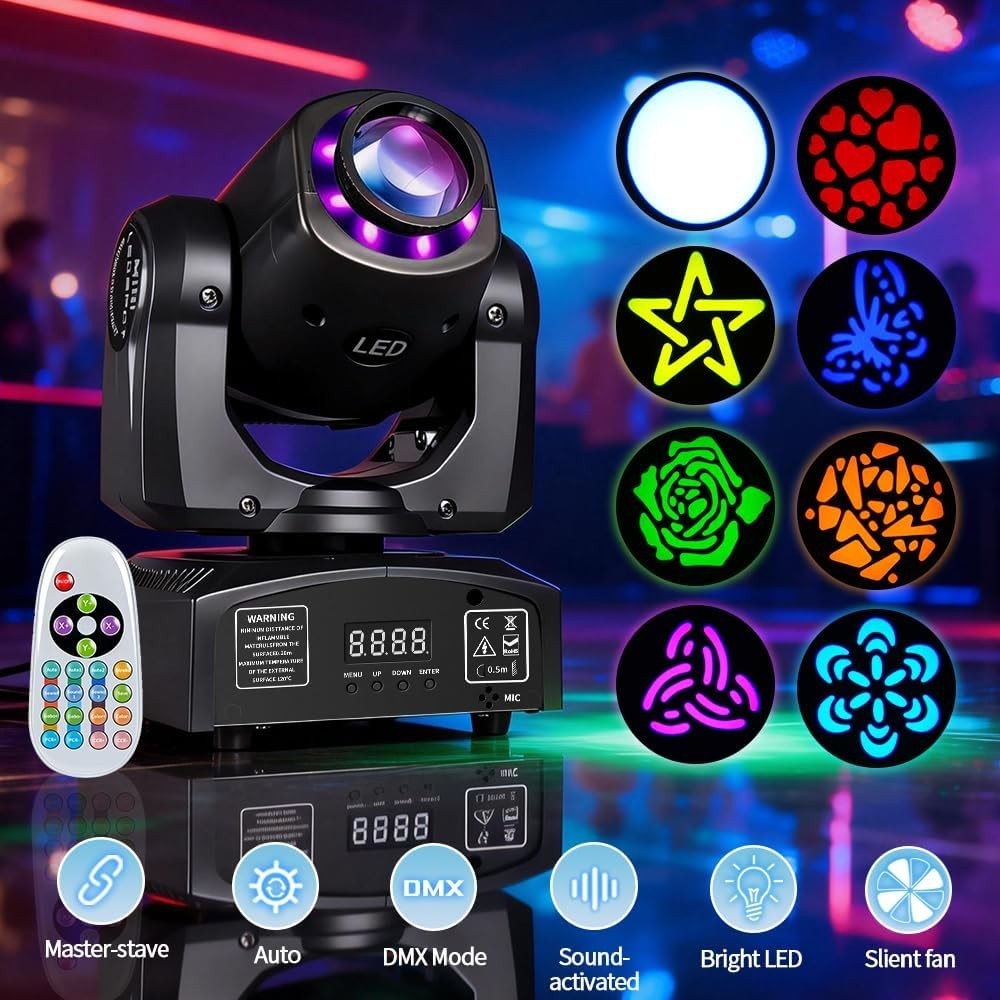 AGVYBE 60W Moving Head DJ Lights with Remote Control, 8 Patterns & 8 Colors