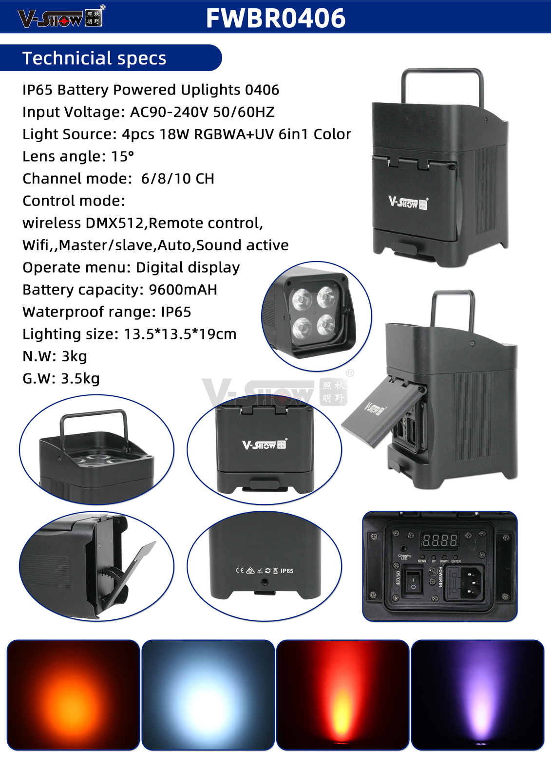 V-Show 1PC IP65 Wireless Battery Par Uplight 4x18W 6in1 RGBWA UV for Wedding
