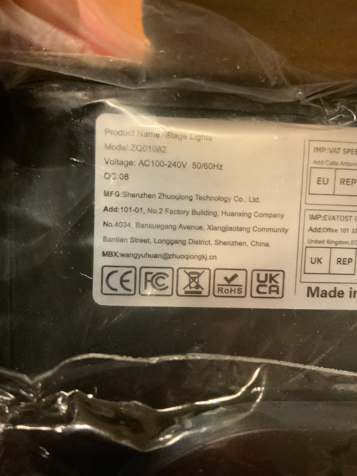 Uking Stage Light, Model# ZQ01082. AC100-240V 50/60Hz, QC – 08