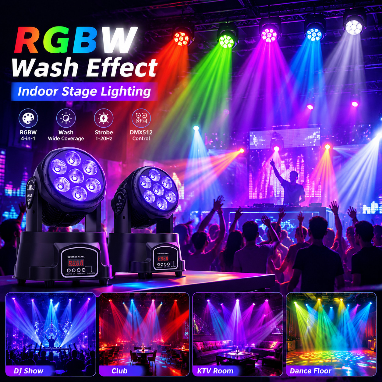RGBW Moving Head Wash Lights DMX512 Auto Sound Activated Indoor Stage Lighting