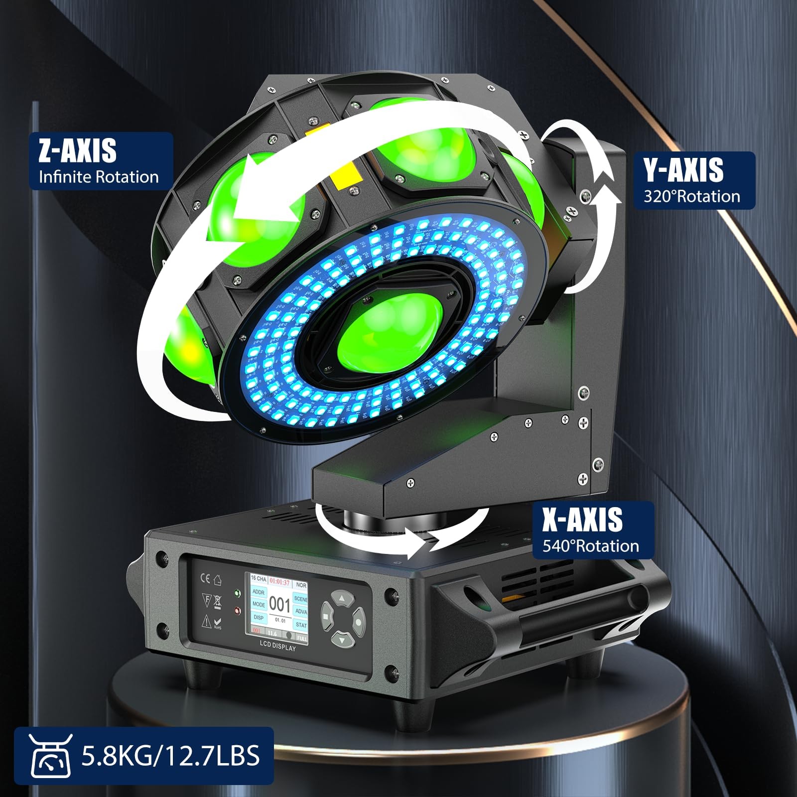 DJ Moving Head Light,XYZ 3-Axis Infinite Rotating 7 LED Beams Stage Lighting …