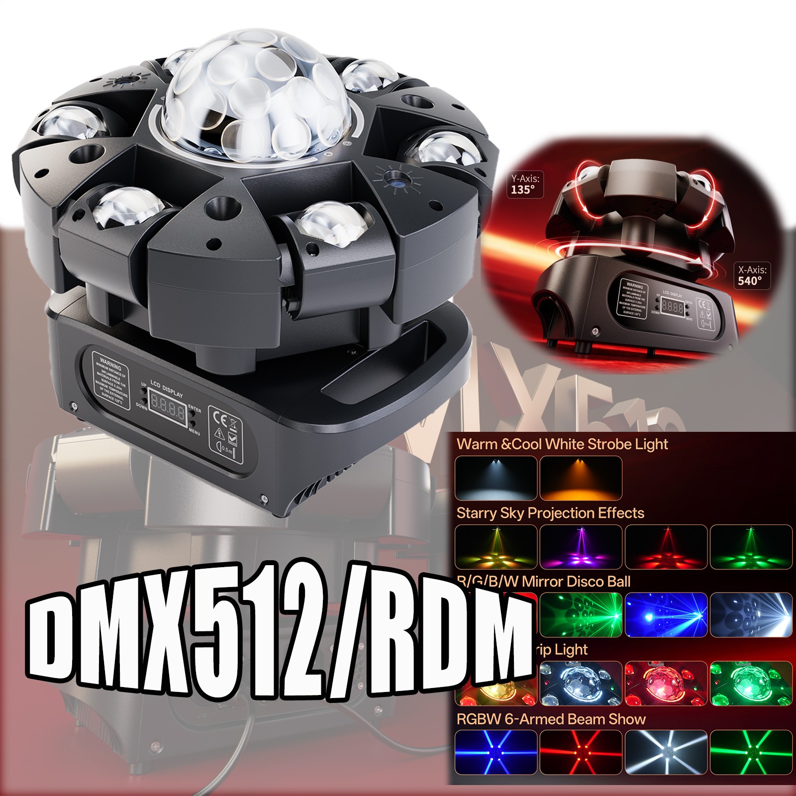 LED Laser Stage Light 6Arm 4-in-1 Magic Ball Beam Moving Head 120W 540° rotation