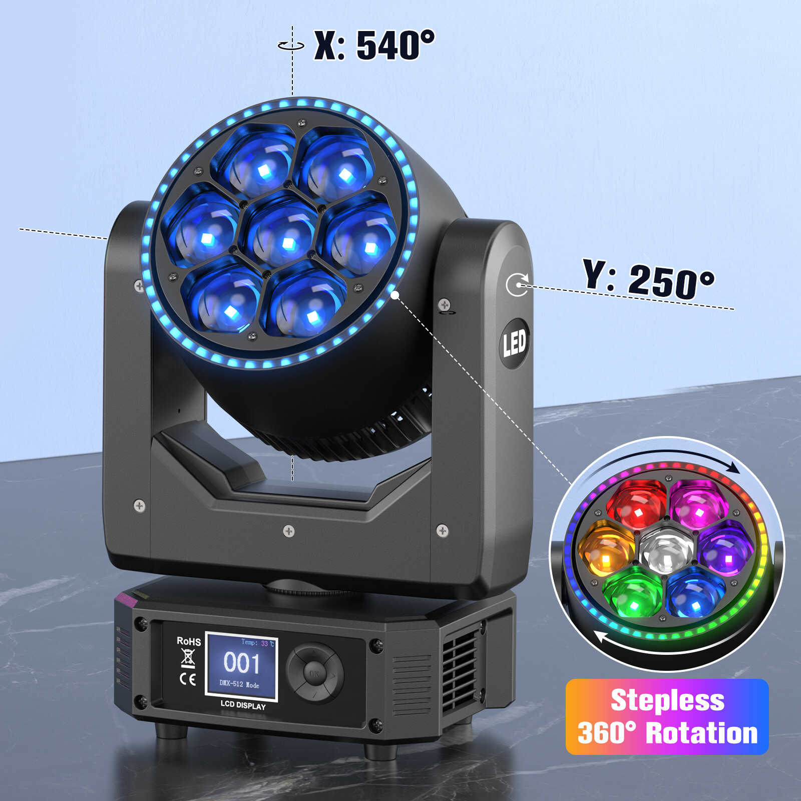 7x50W RGBW Bee Eye LED Wash Zoom Moving Head Beam Light DJ Party Stage Light DMX