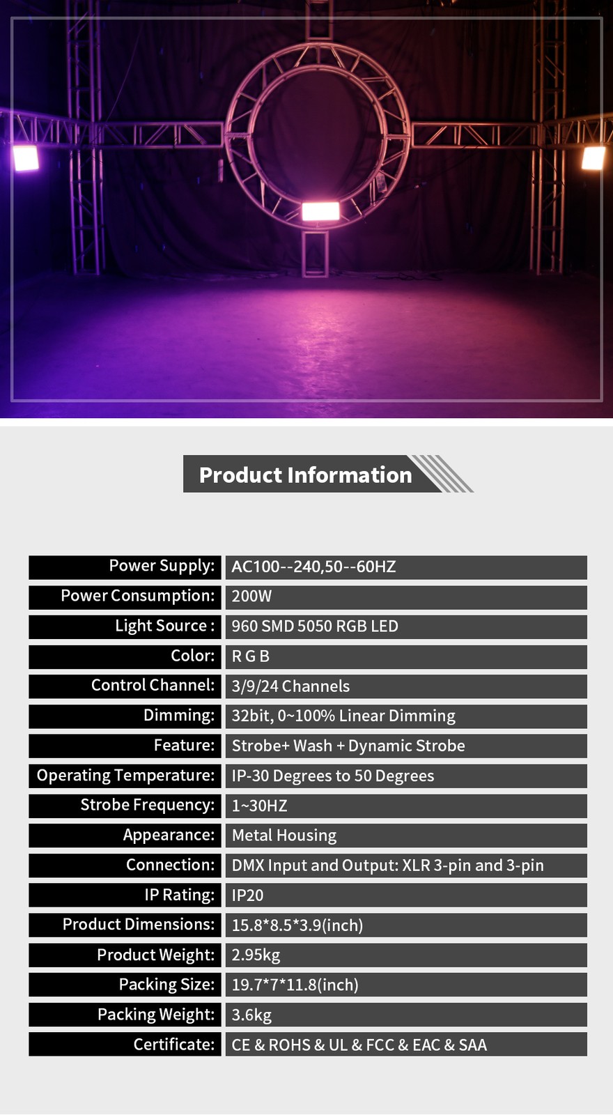 SHEHDS 200W RGB LED Wall Wash Light Strobe Stage Light DMX Party Light DJ Show