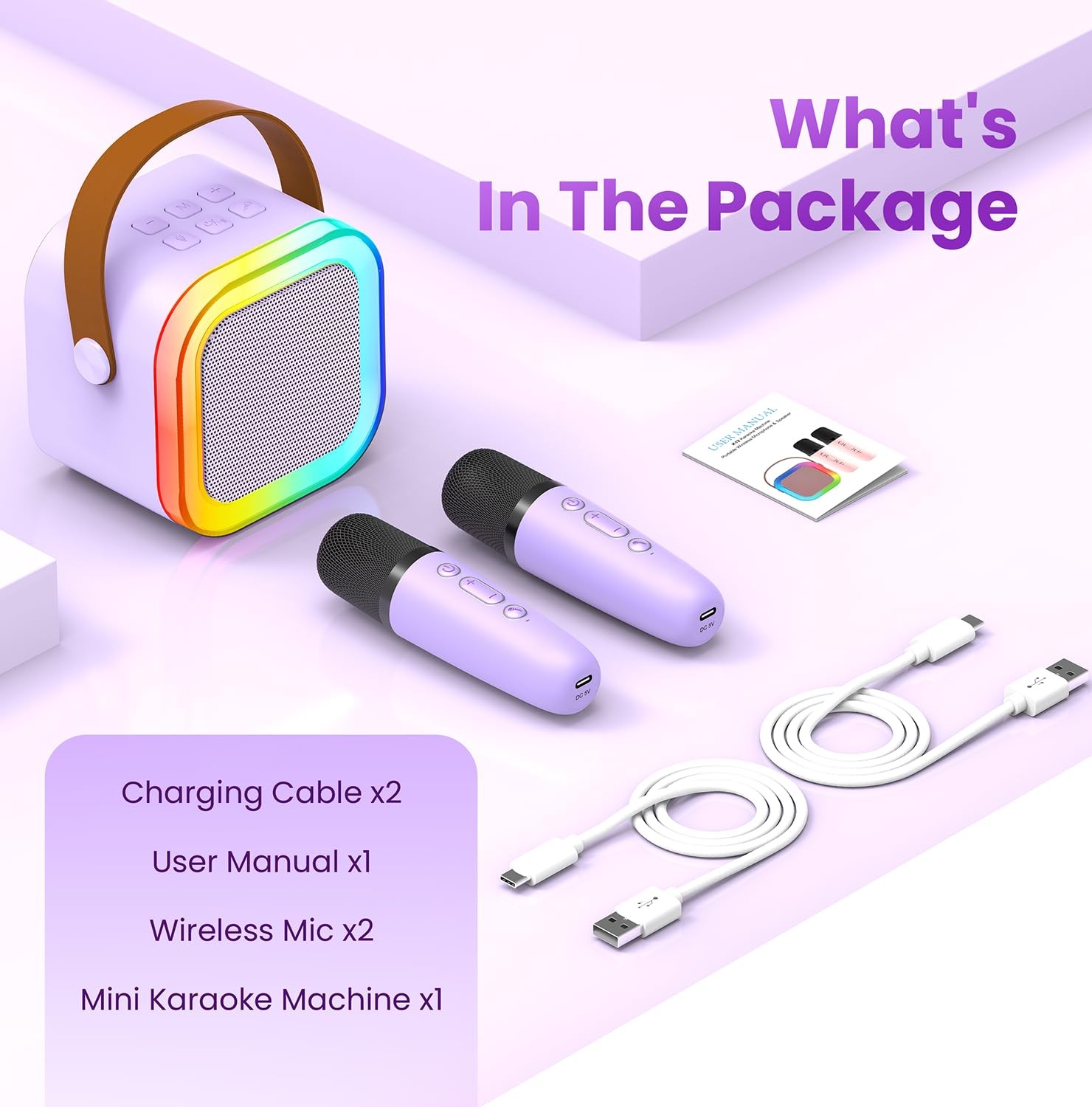 Kids Mini Karaoke Machine, Bluetooth Speaker, 2 Wireless Mics, Purple